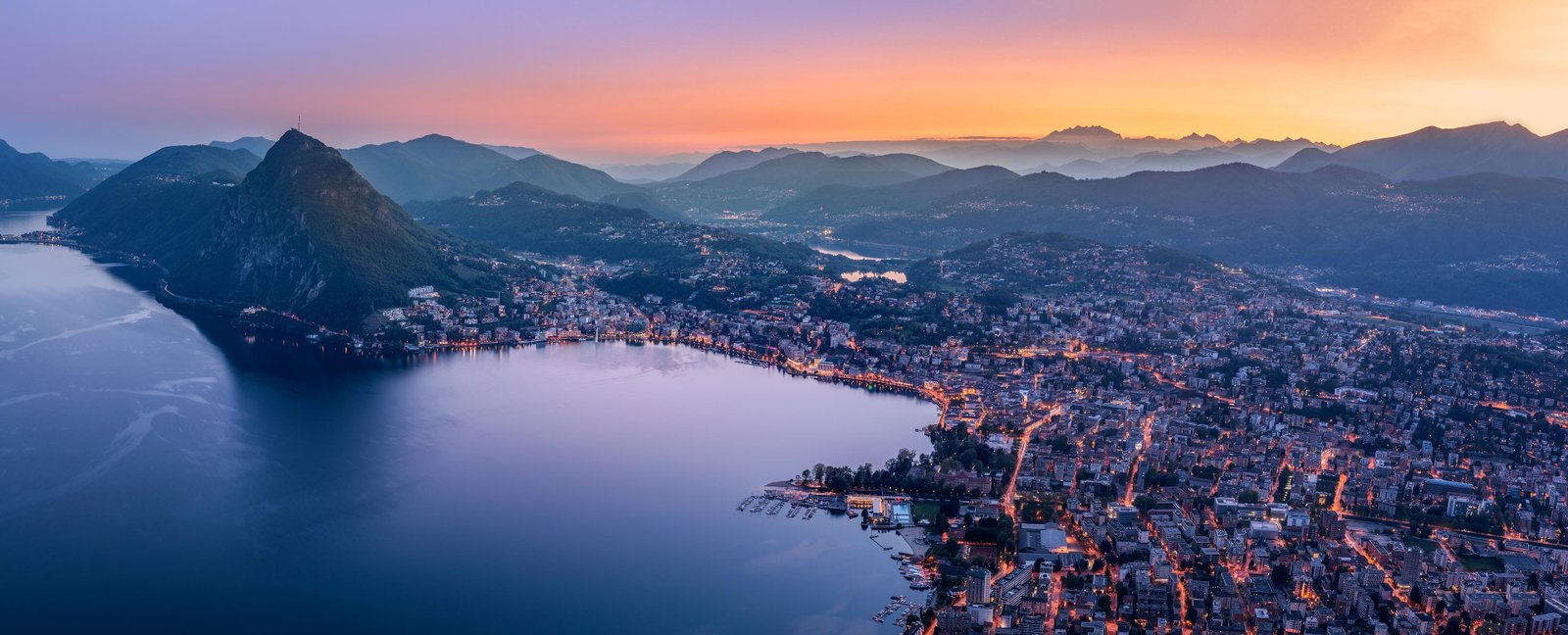 aerial view of city urban mountain aesthetic lake water 2k 4k