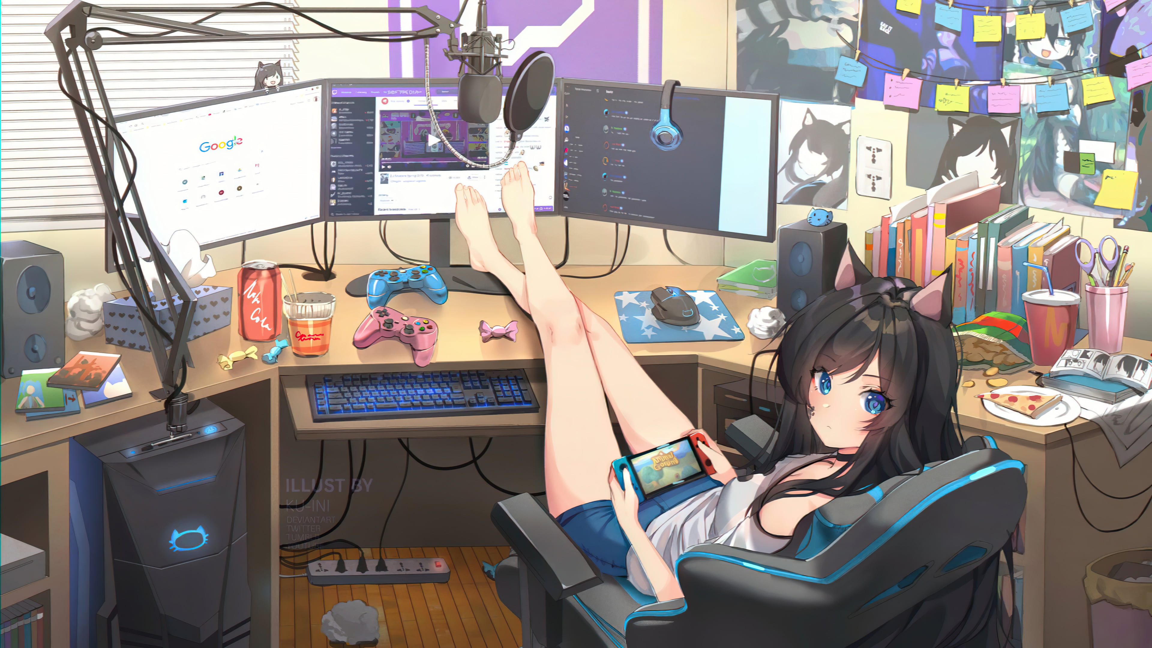 anime girls animal ears playing computer gamers 2k 4k