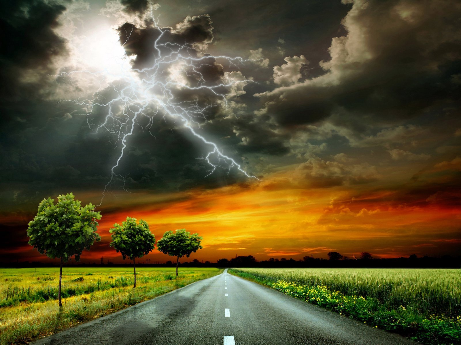 clouds grass lightning nature roads scenery sky thundercloud 2k