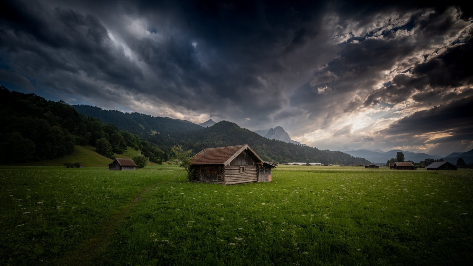 cloudy sky field log cabin hut valley mountain village 2k 4k