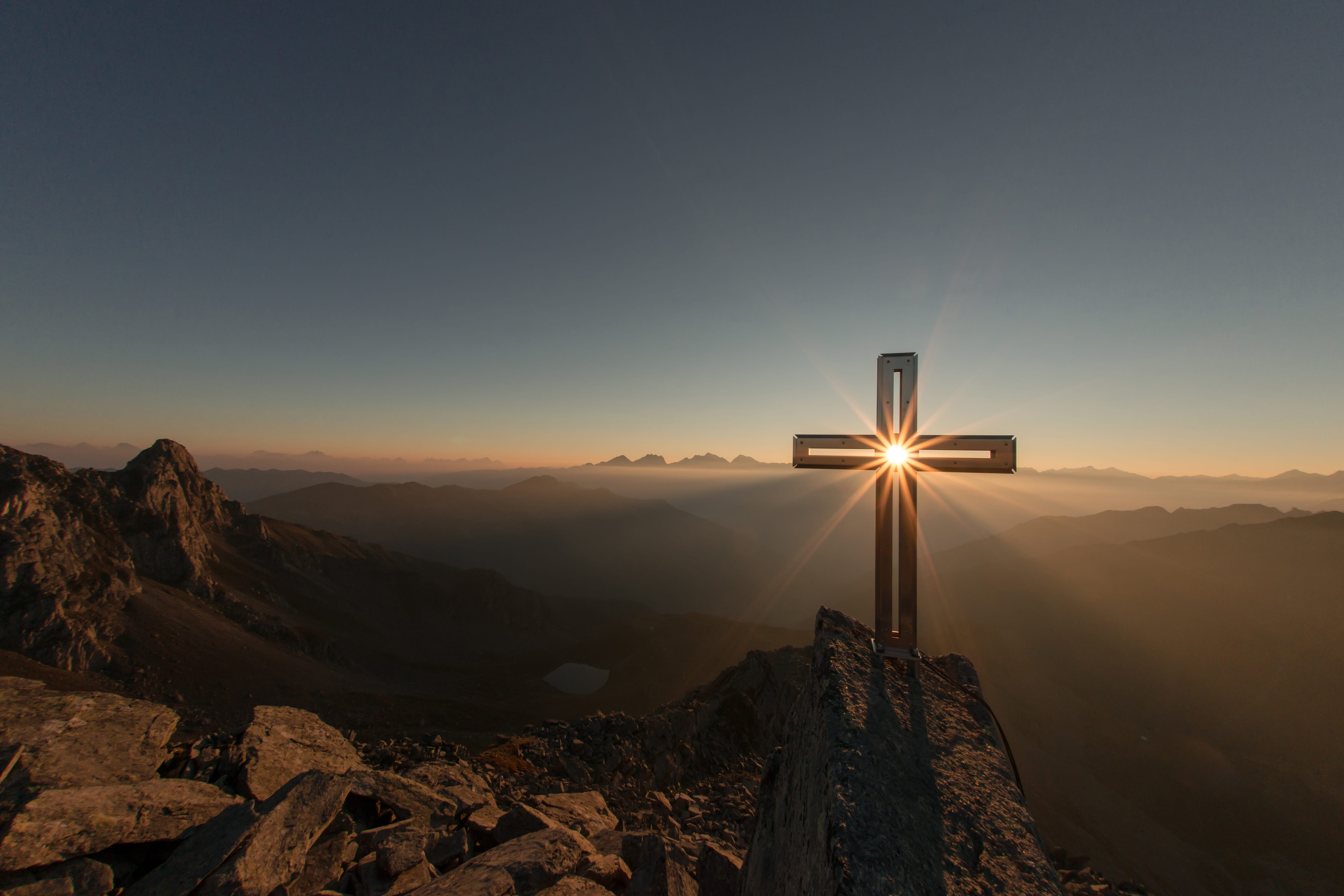 Crossing sun cross on mountain summit sunrise christian 2k 4k 5k
