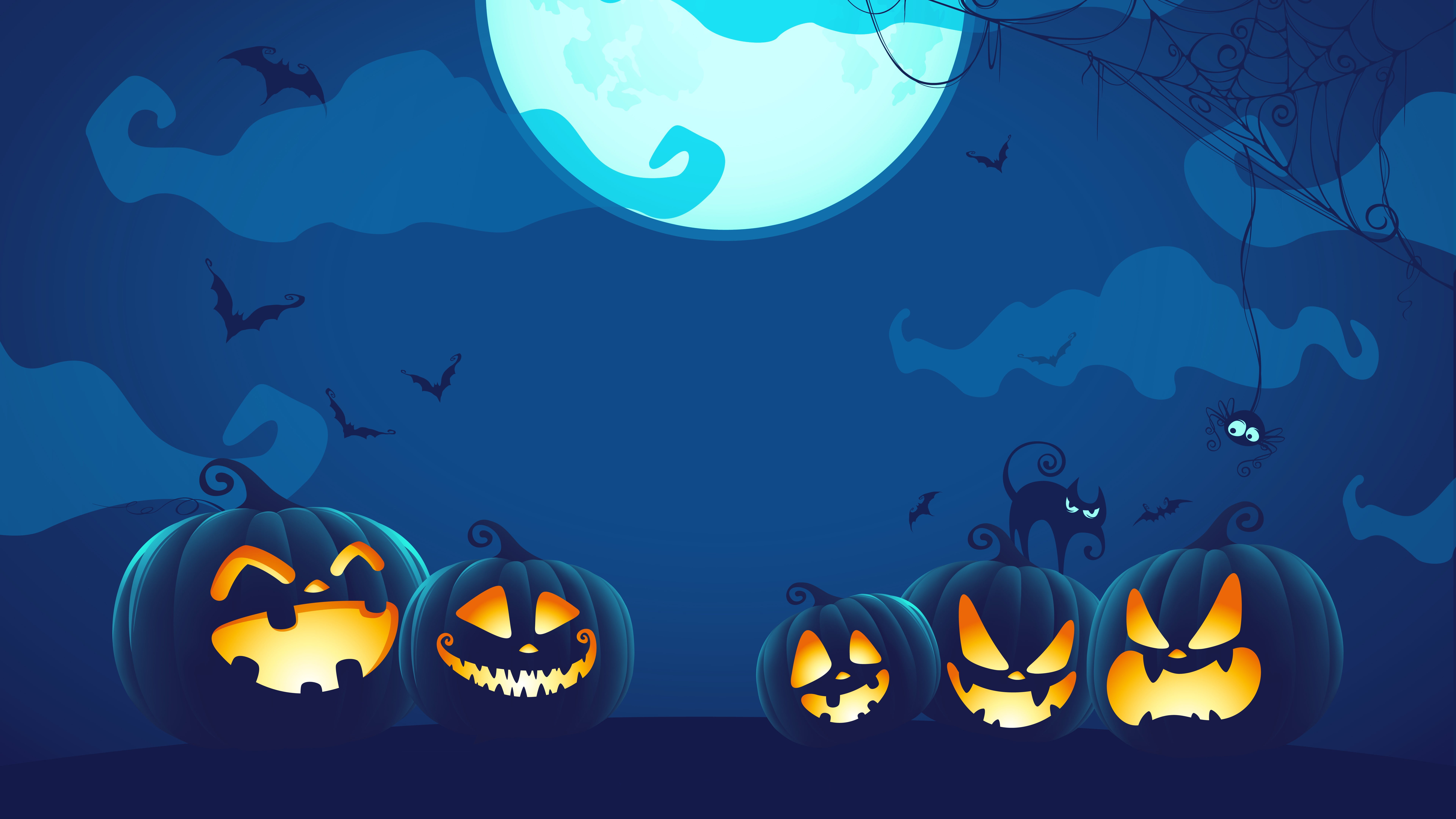 halloween cartoon nigh darkness blue bats pumpkin pumpkins 2k 4k 5k 8k