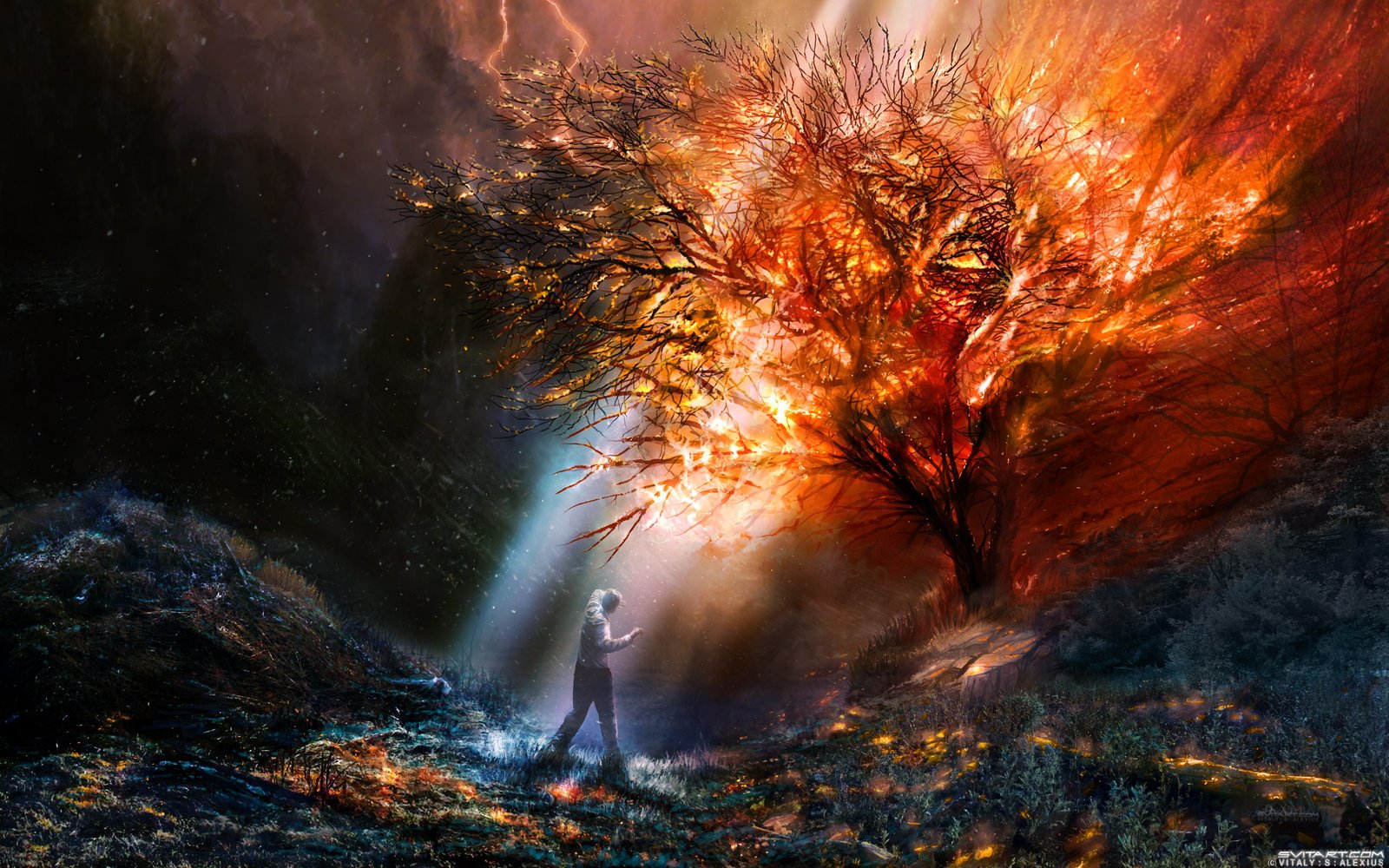 illustration of man standing in front tree fantasy art artwork 2k