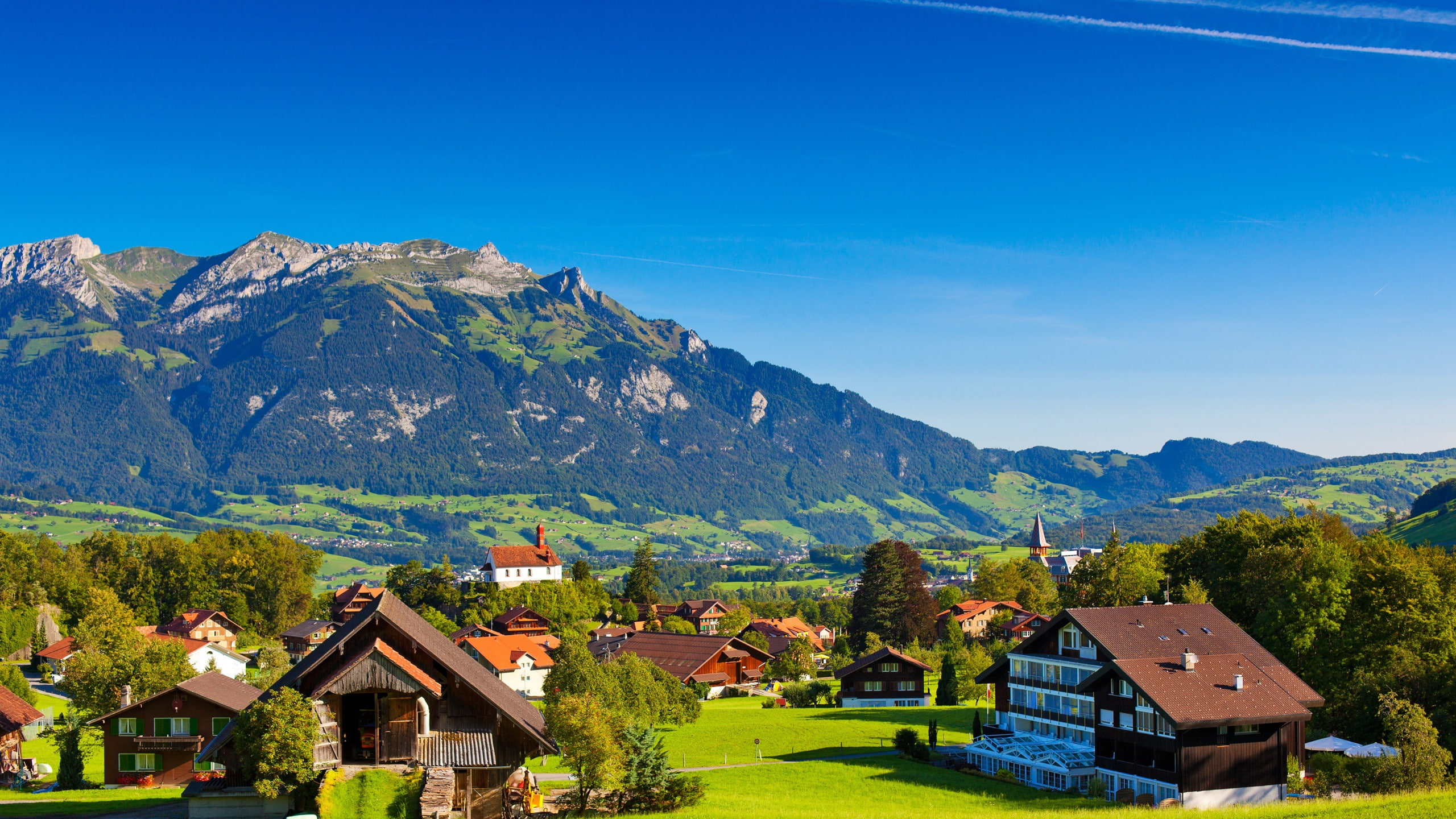 nature greenery houses Summer Mountains switzerland 2k
