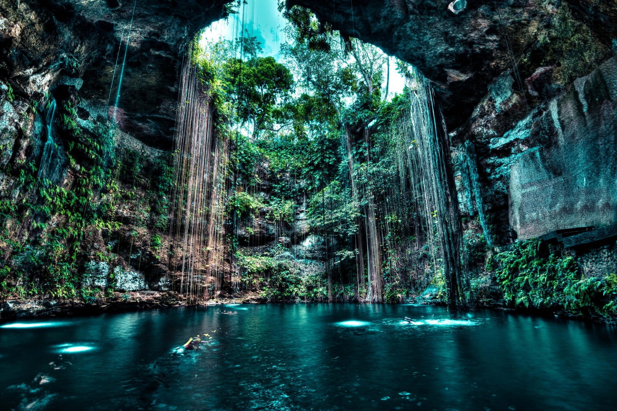 Nature Cenotes Cave Lake Rock Water Trees 2k