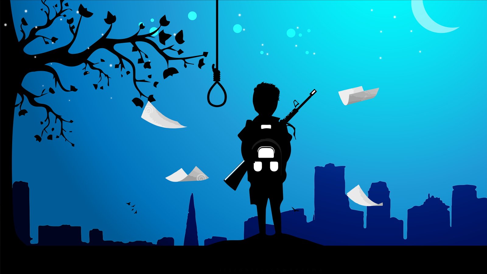 silhouette of person with rifle near tree illustration Juvenile 2k 4k 5k 8k