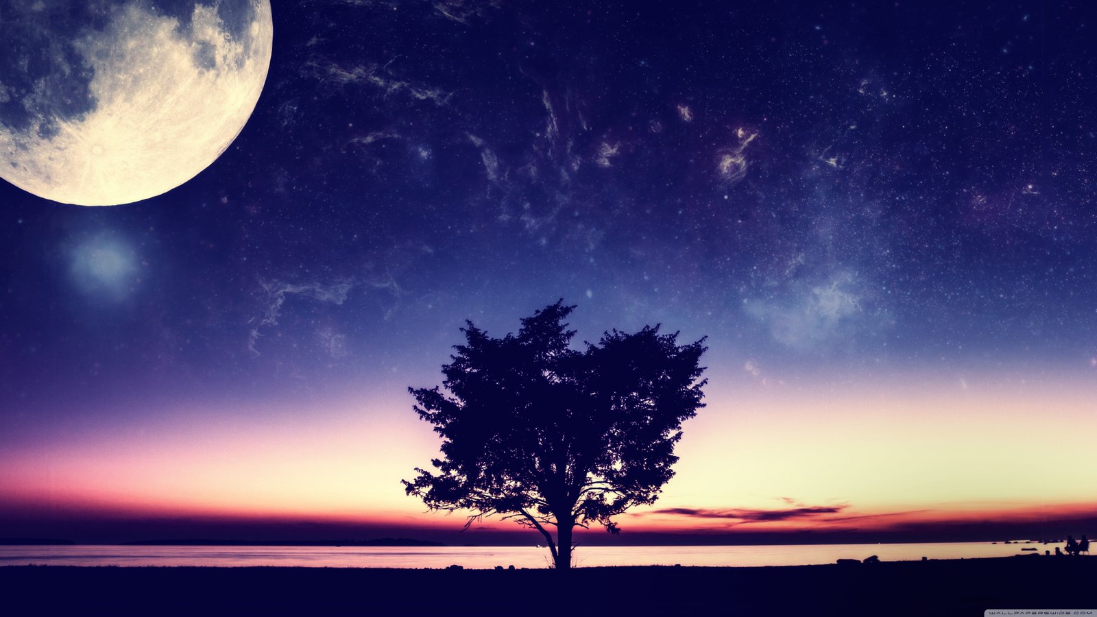 silhouette of tree and full moon painting leafed nature 2k 4k