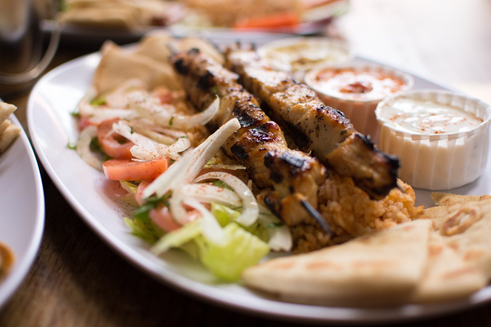 Barbeque with vegetable garnish Souvlaki Authentic Greek Food 2k 4k 5k