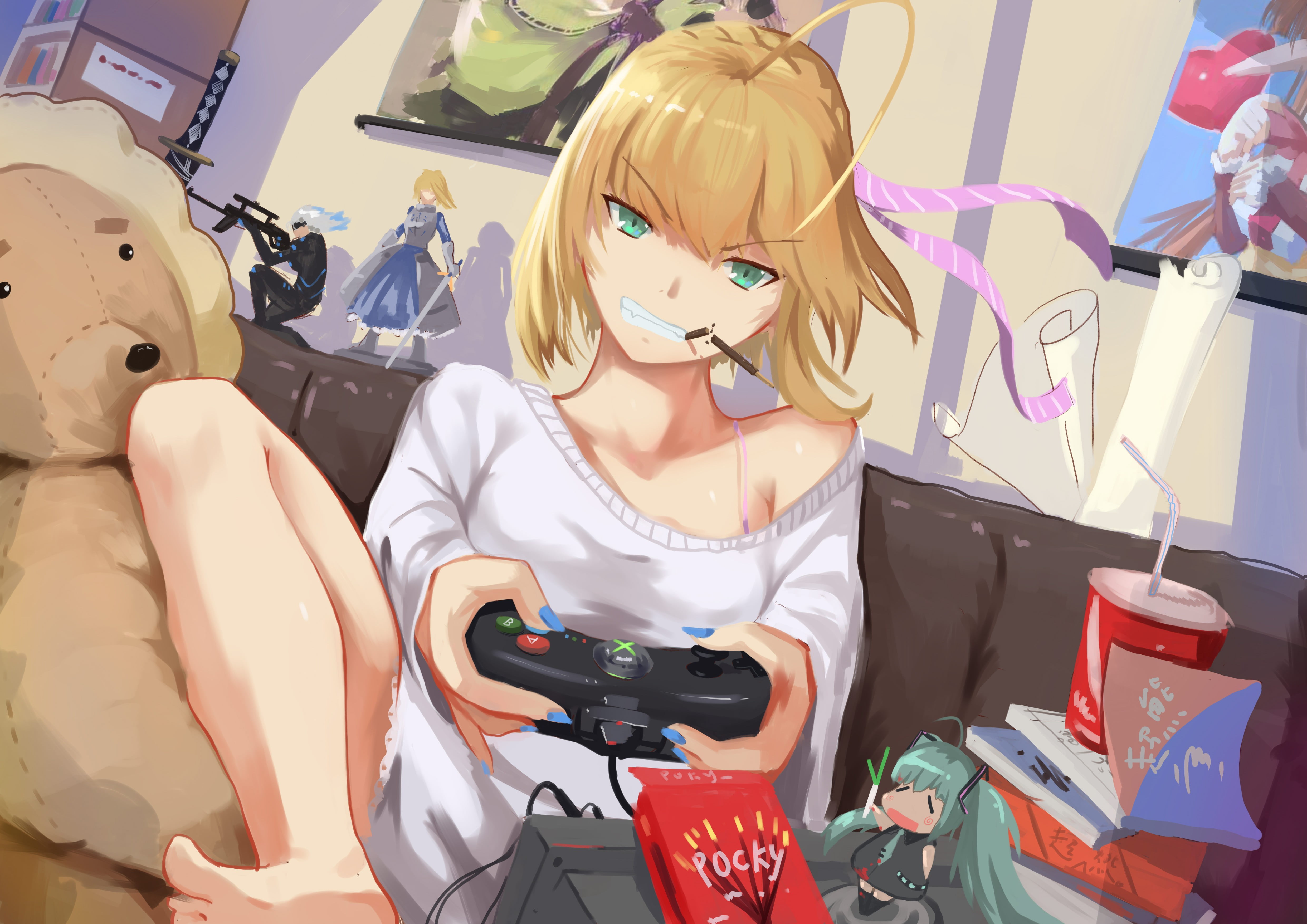 blonde haired female anime character holding game controller 2k 4k 5k