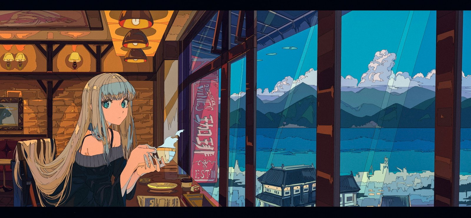 digital art artwork anime girls interior room landscape 2k