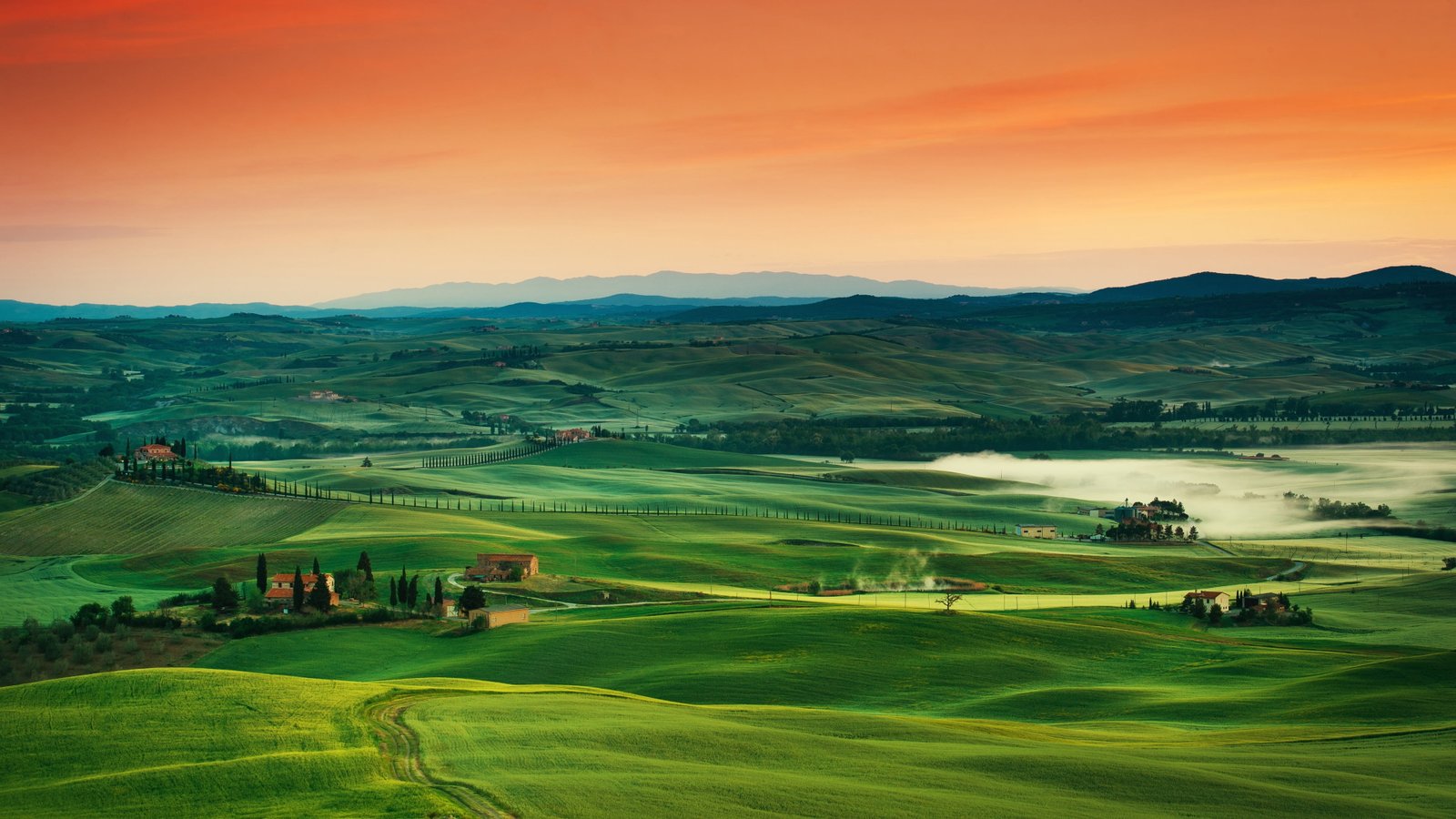 green grass field and village painting landscape nature mountains 2k 4k