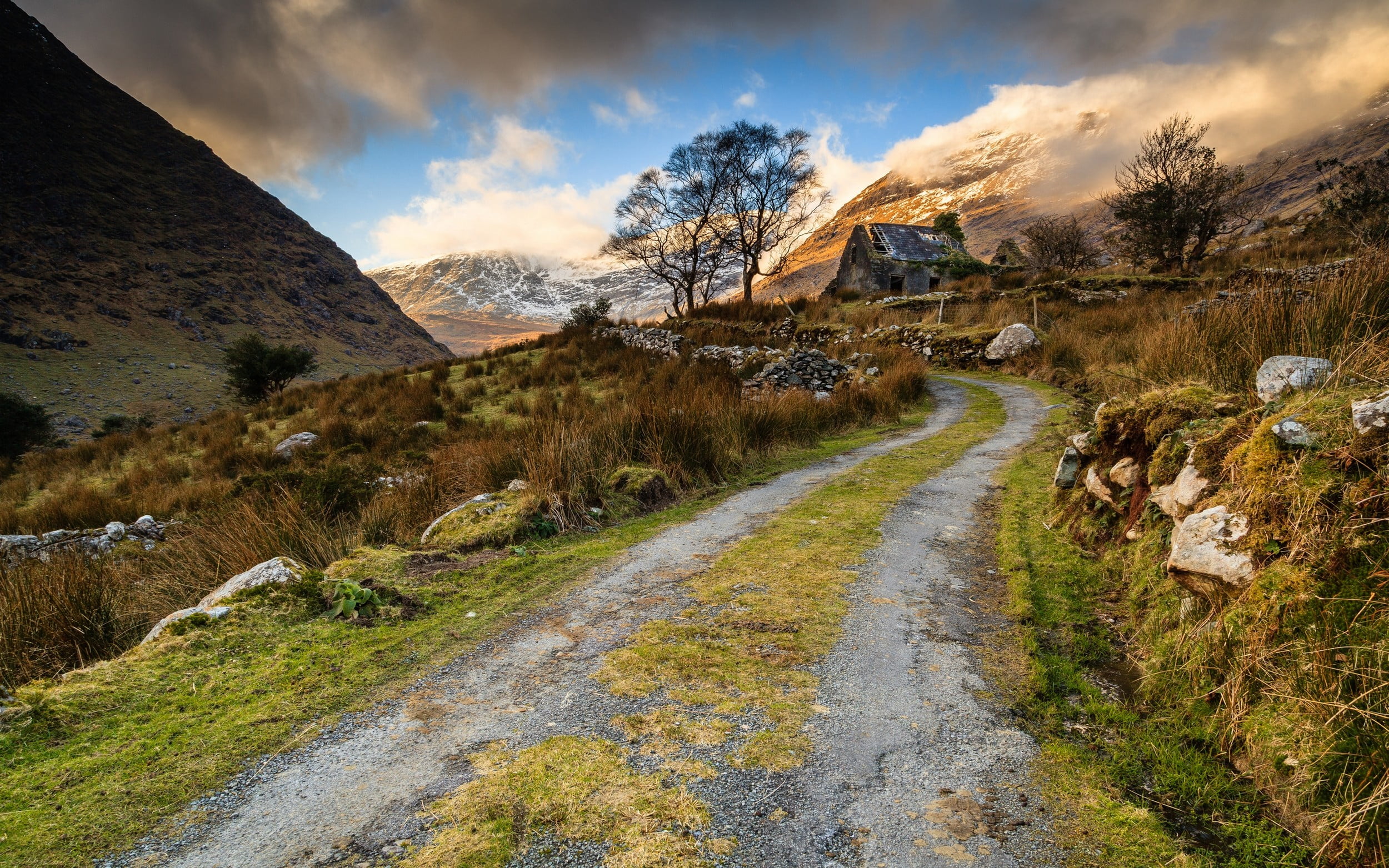 green grass field nature landscape abandoned house old road 2k