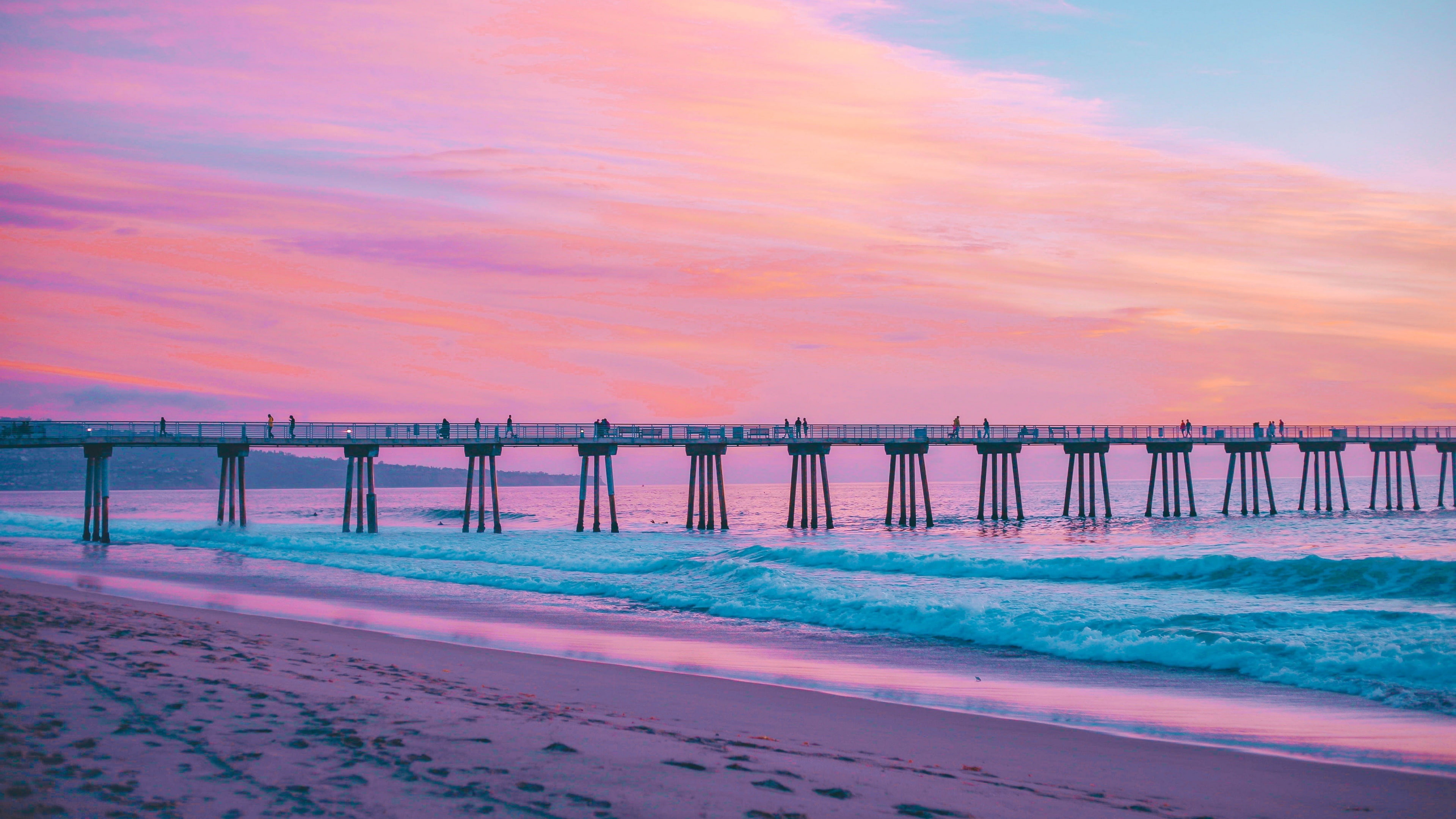 hermosa beach pier california united states wave pink sky 2k 4k