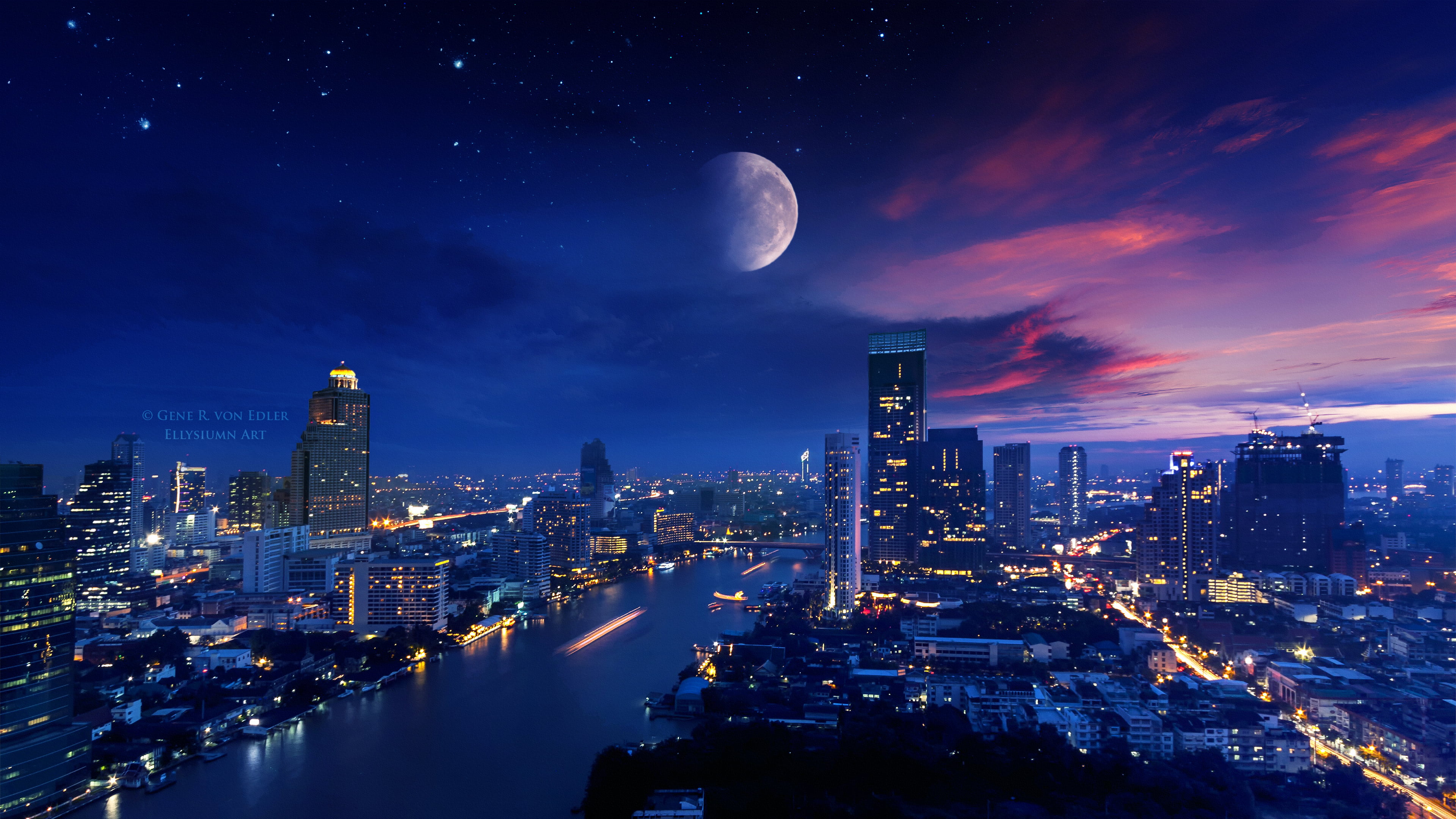 landscape cityscape Ellysiumn Moon city lights digital art 2k 4k