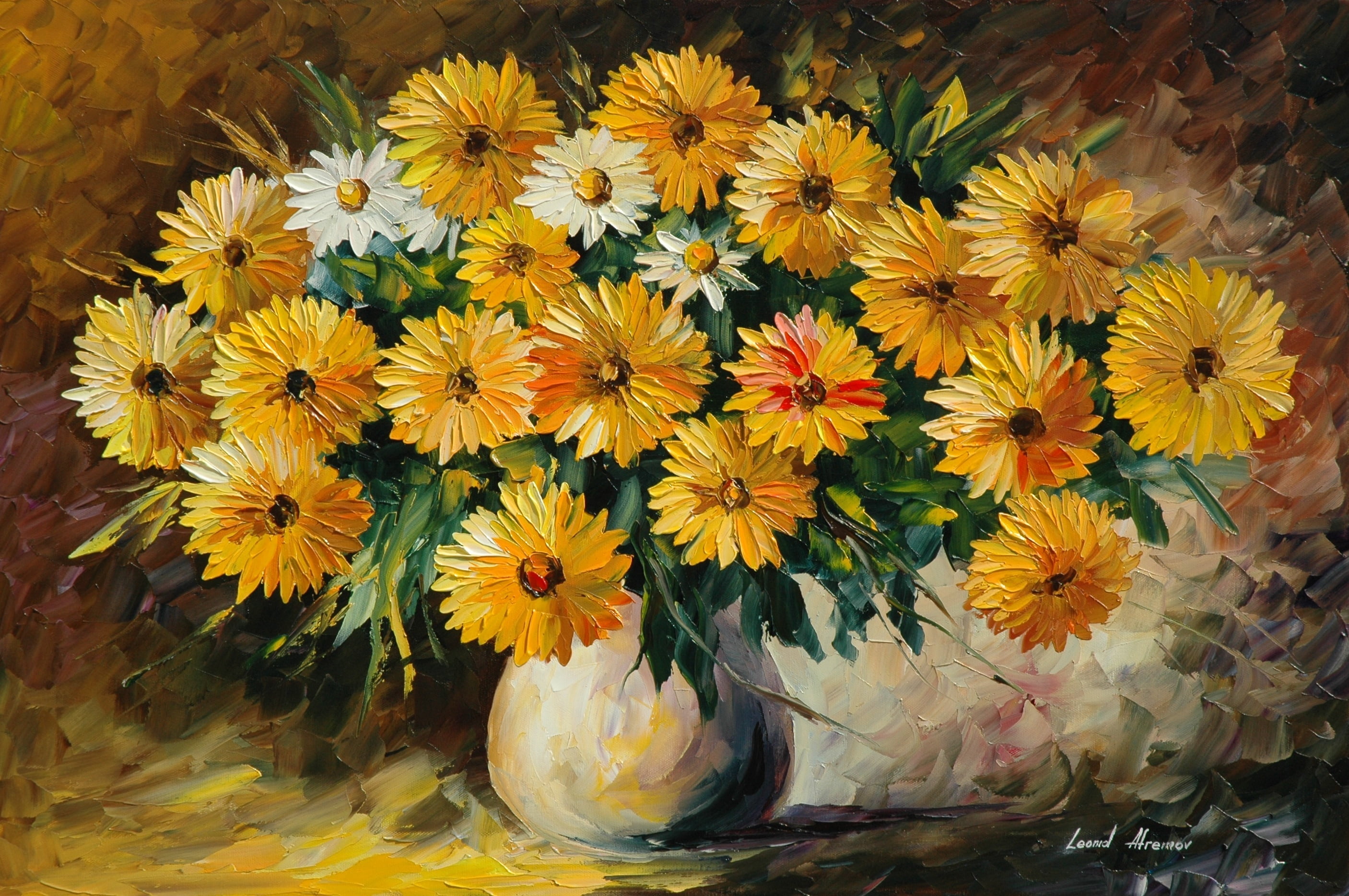 painting of sunflower bouquet flowers vase Leonid Afremov 2k