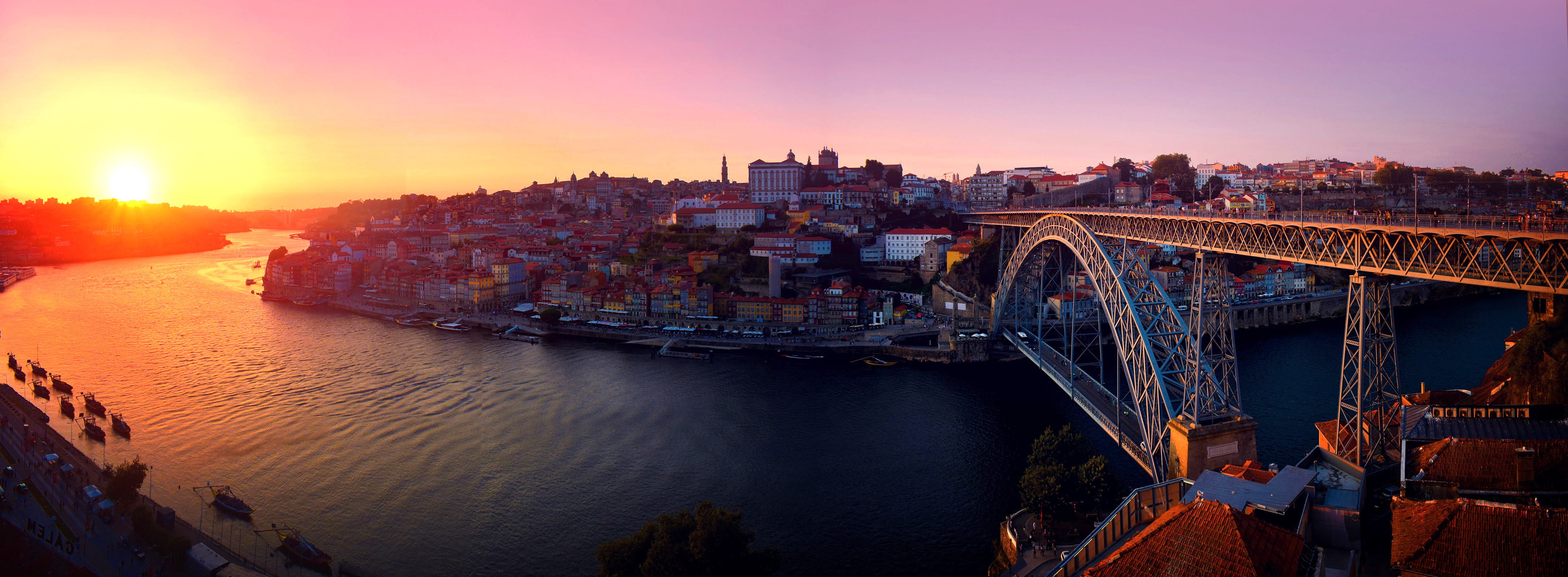 Porto Portugal Old Town at Sunset Douro River Luis I Bridge Ribeira Port Wine Cellars UNESCO World Heritage Site 2k 4k