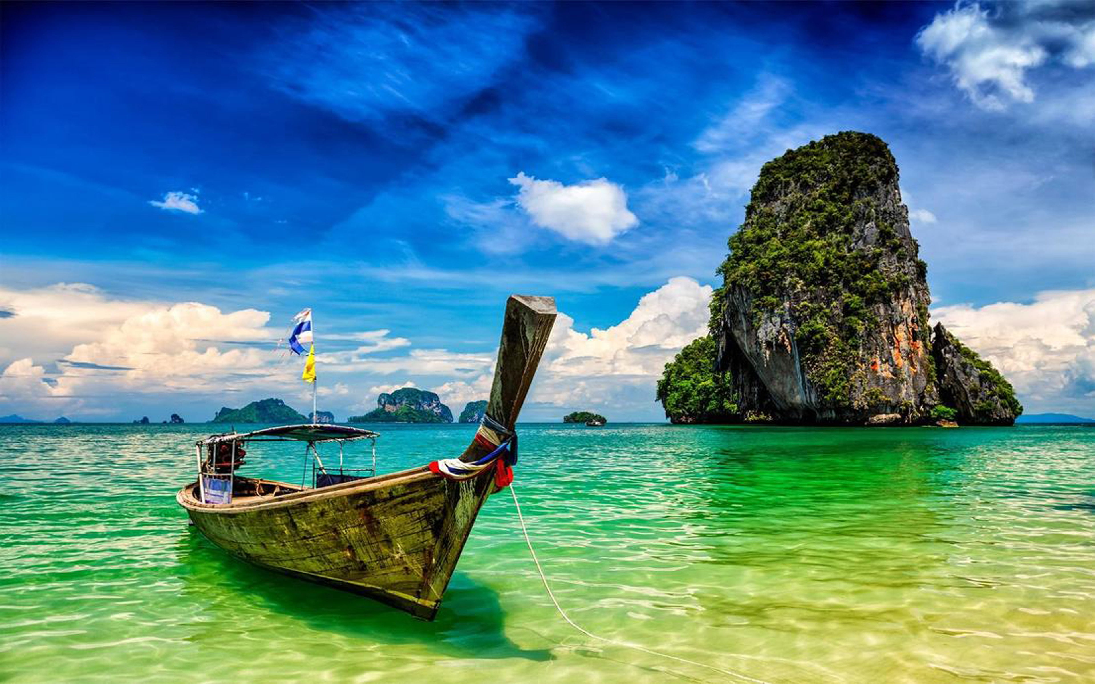 Pranang Beach And Rock Krabi Thailand Long Tail Boat On A Tropical Wallpaper High Resolution 2k 4k