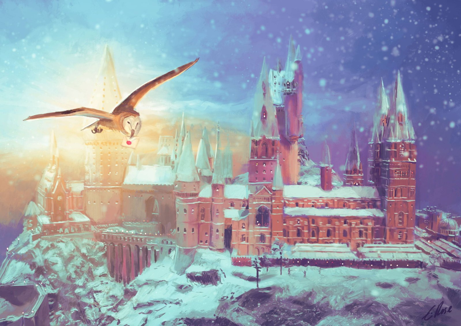 snow covered castle painting architecture trees nature digital art 2k 4k