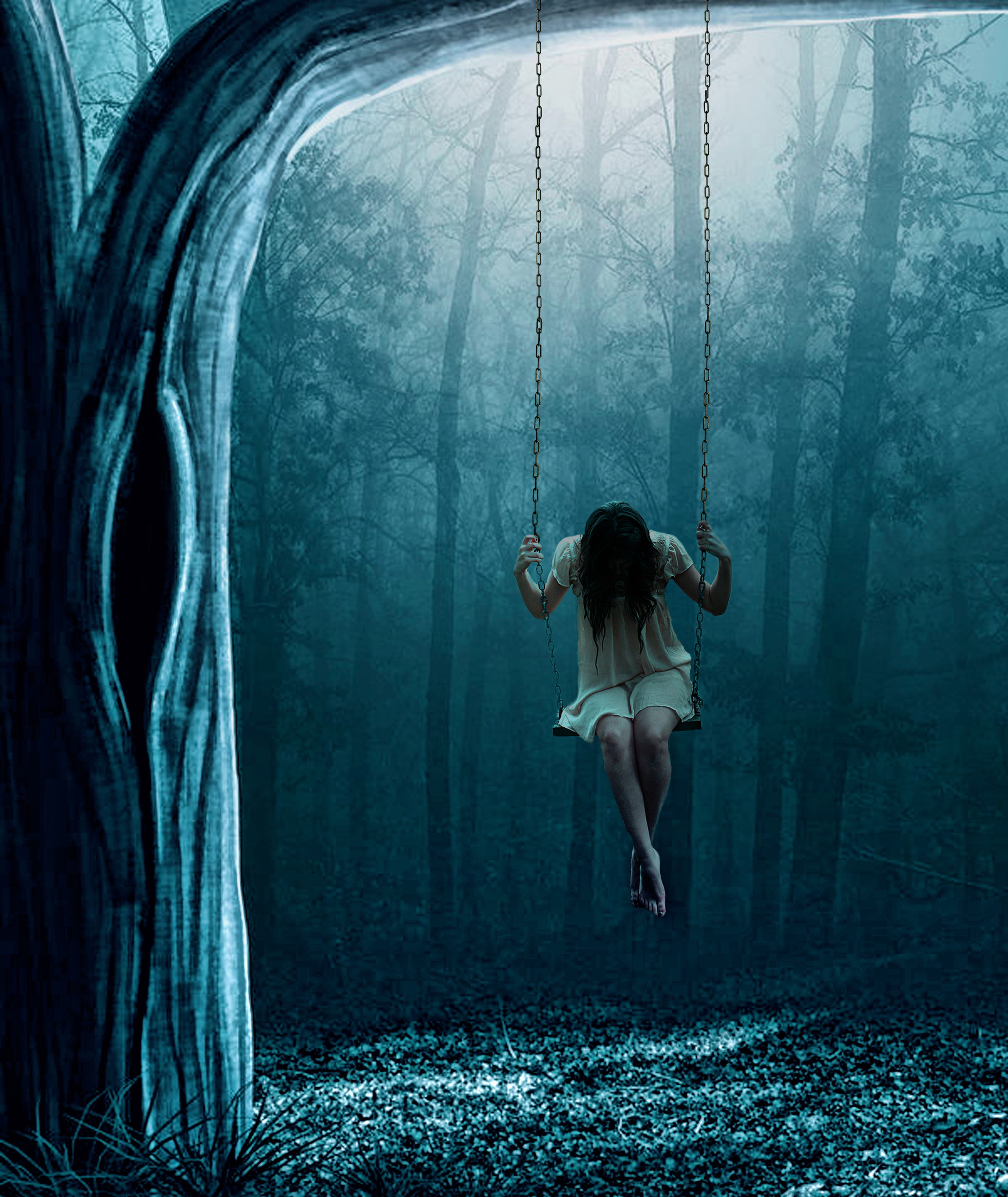 woman on a swing looking down painting Depression young girl 2k