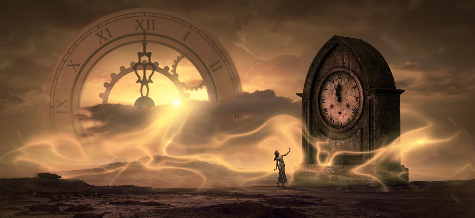 woman standing in front of clock digital wallpaper fantasy time 2k 4k 5k