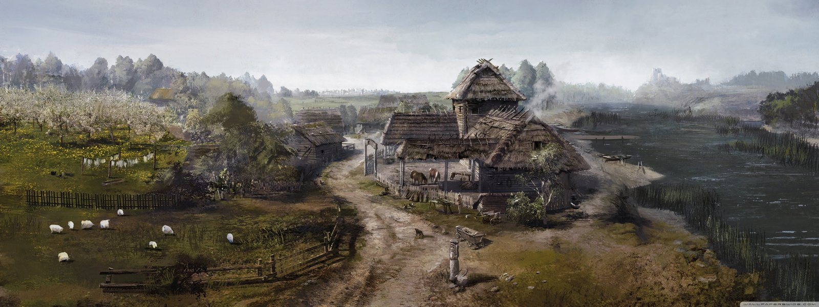 wooden house beside river painting home village art game 2k 4k
