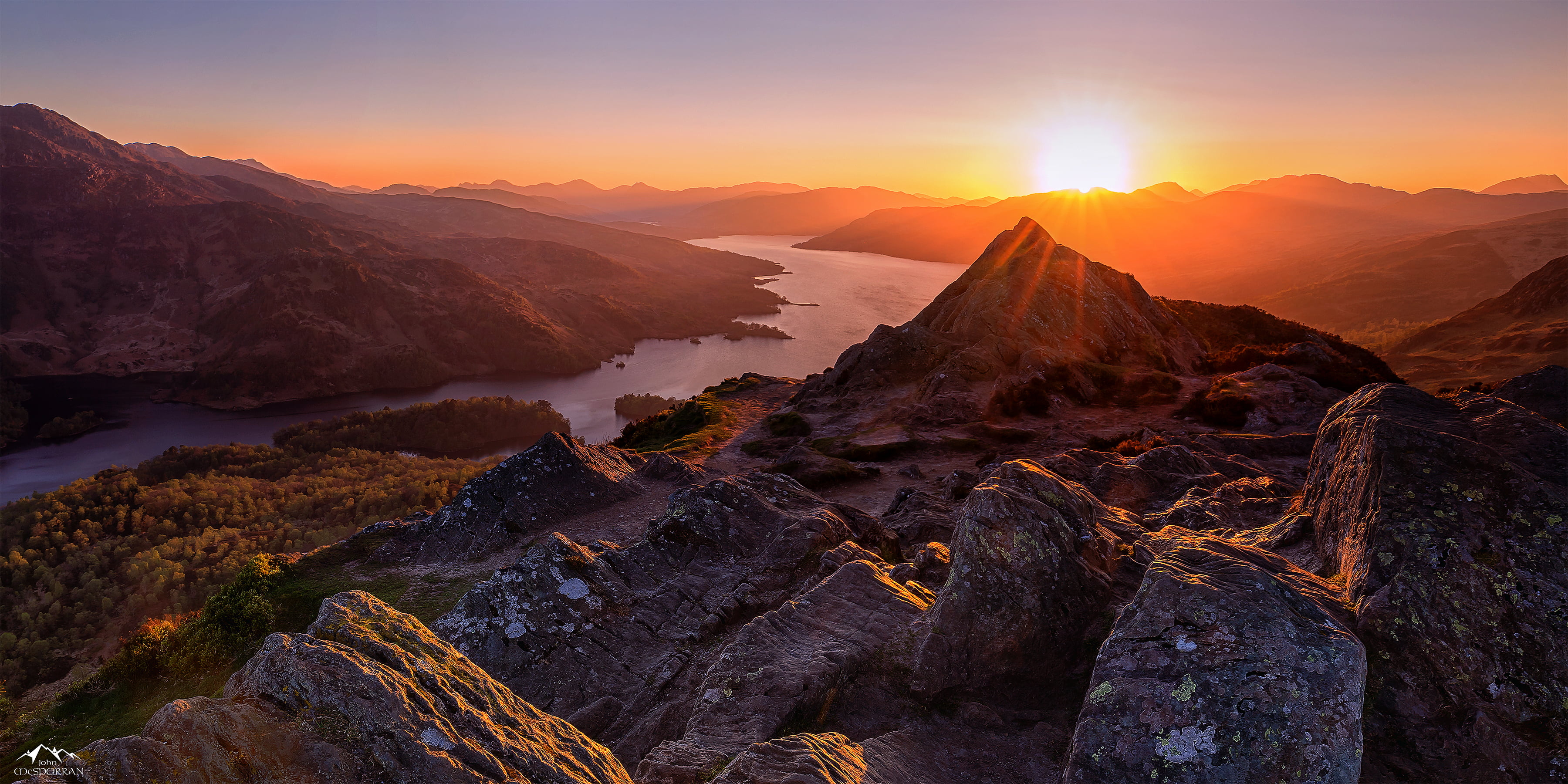 aerial photo of mountains during sunset Trossachs Sundown Scotland 2k 4k