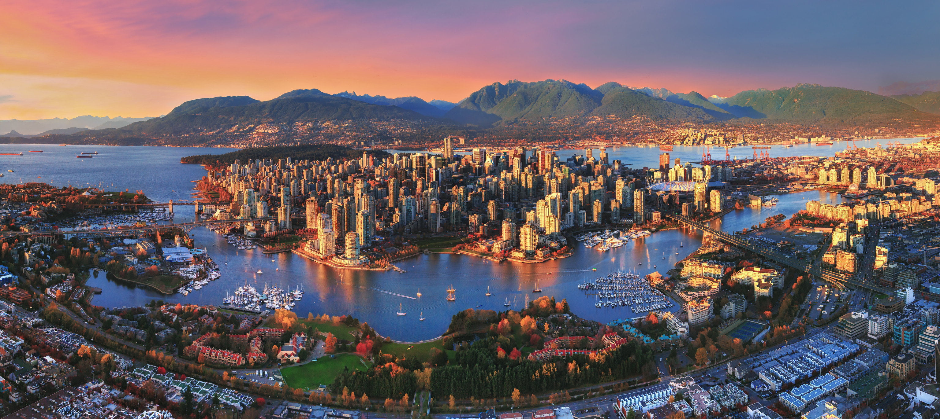 aerial photography of city Vancouver sunset landscape lake 2k