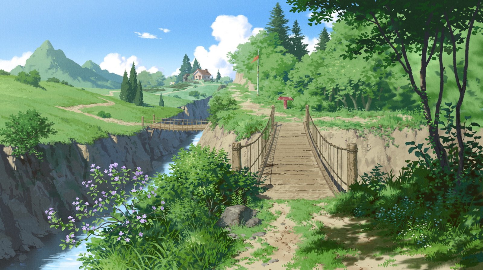 bridge near mountain range painting nature digital art forest 2k 4k