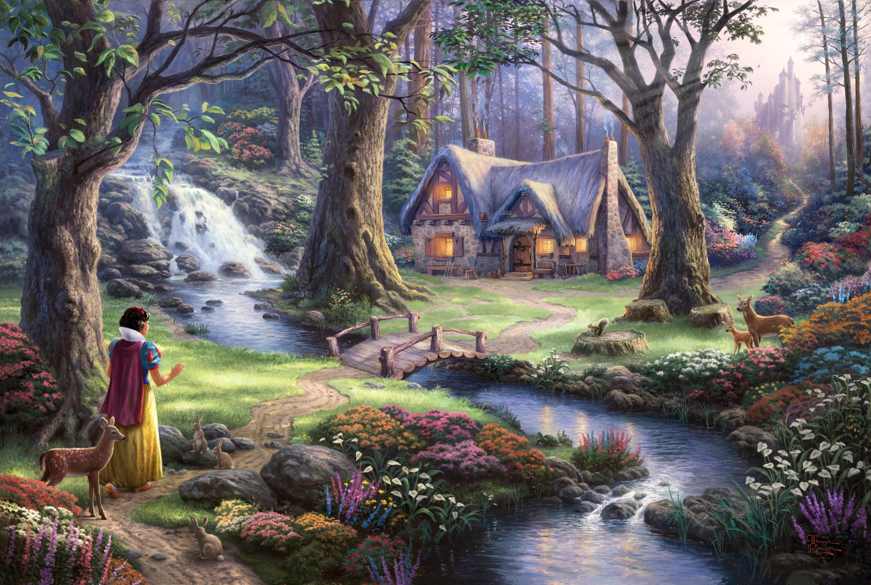 brown house between trees wallpaper fantasy art fairies Thomas Kinkade 2k