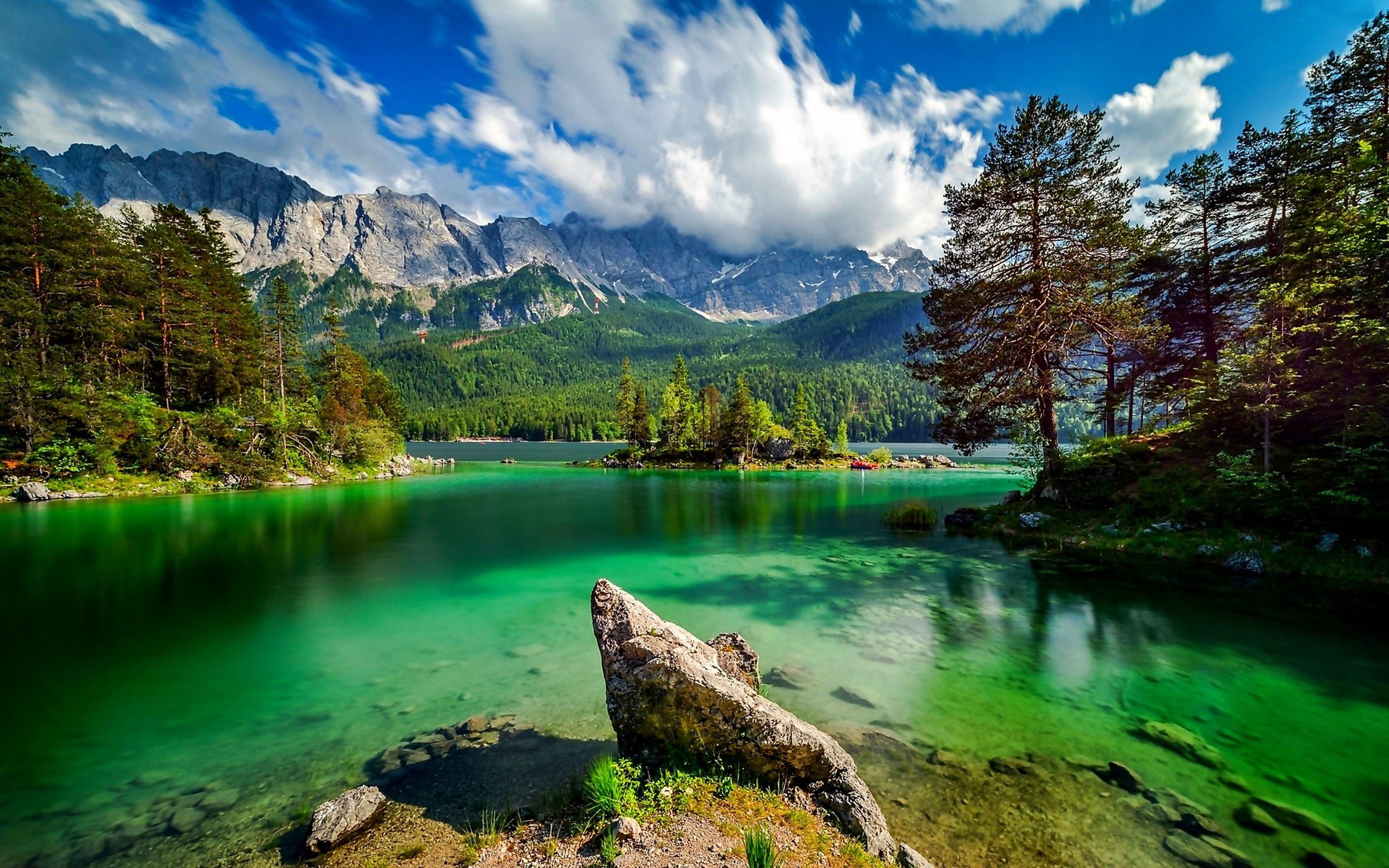 Eibsee lake in Bavaria Ggermany Lake with turquoise green water rock island rocky mountains pine forest sky white clouds summer hd wallpaper 2k 4k
