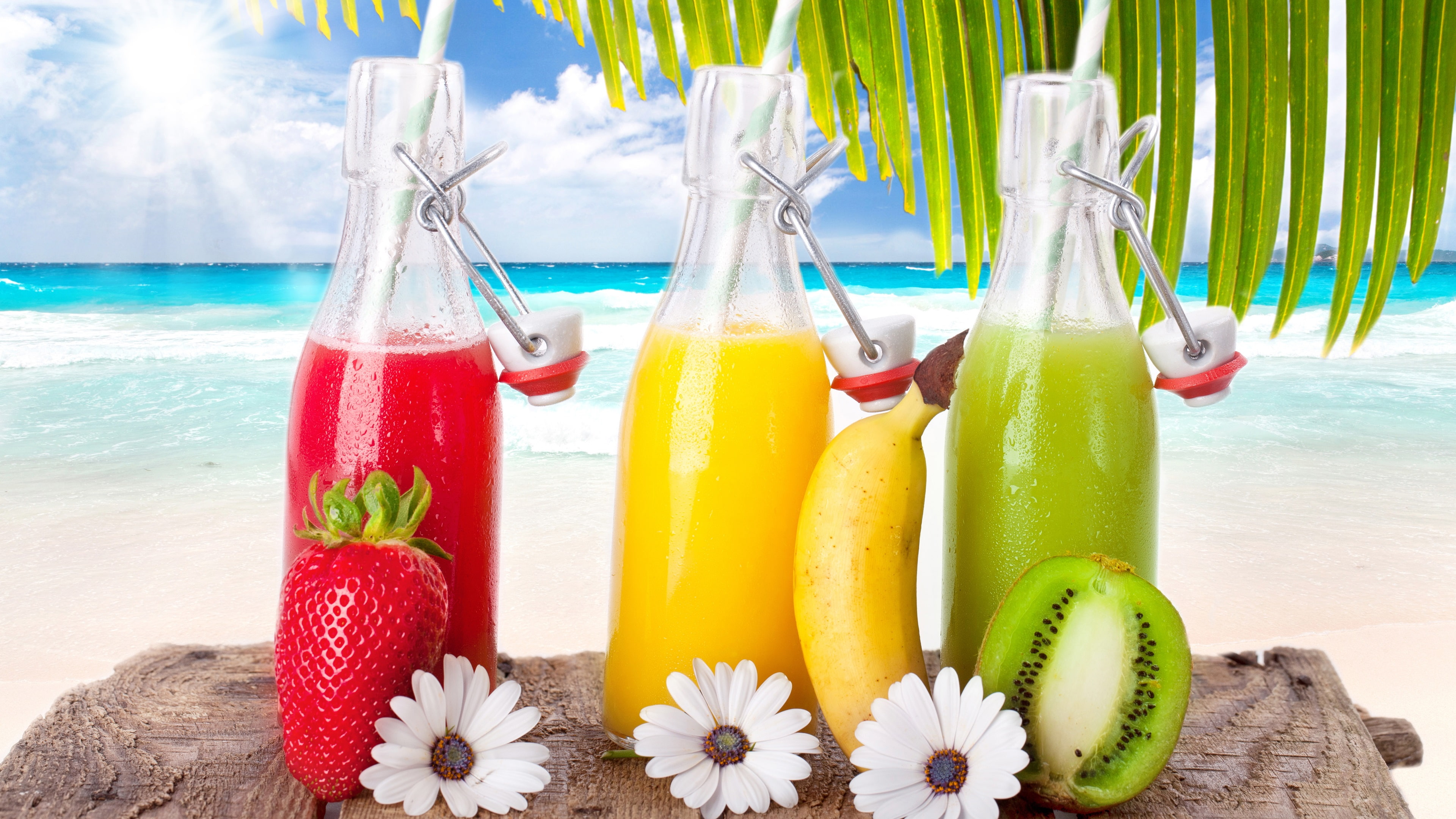 Fruit drinks cocktails strawberry banana kiwi sea beach tropical sun 2k 4k