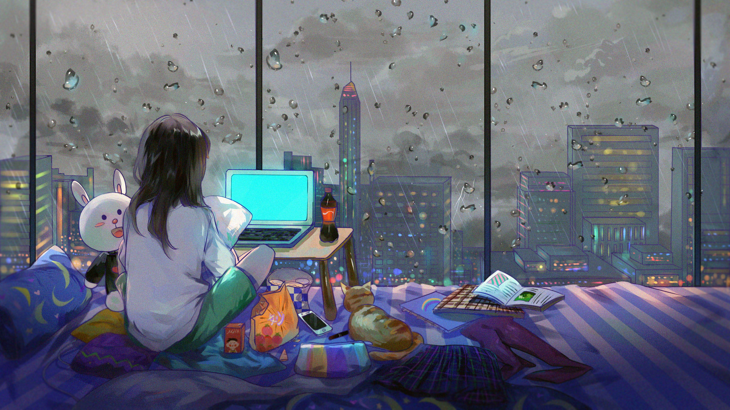 girl sitting on bed watching laptop computer illustration artwork 2k