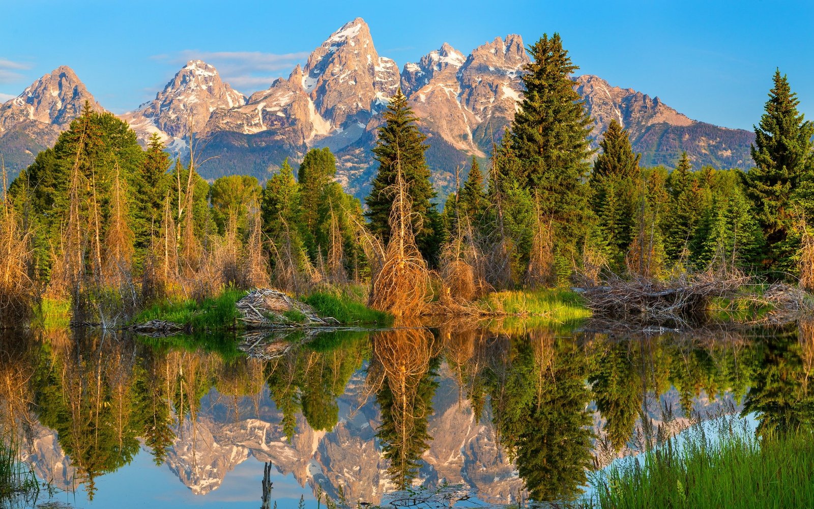 Nature Mountain Lake Forest Reflection Sunset Landscape Trees Water Snowy Peak 2k