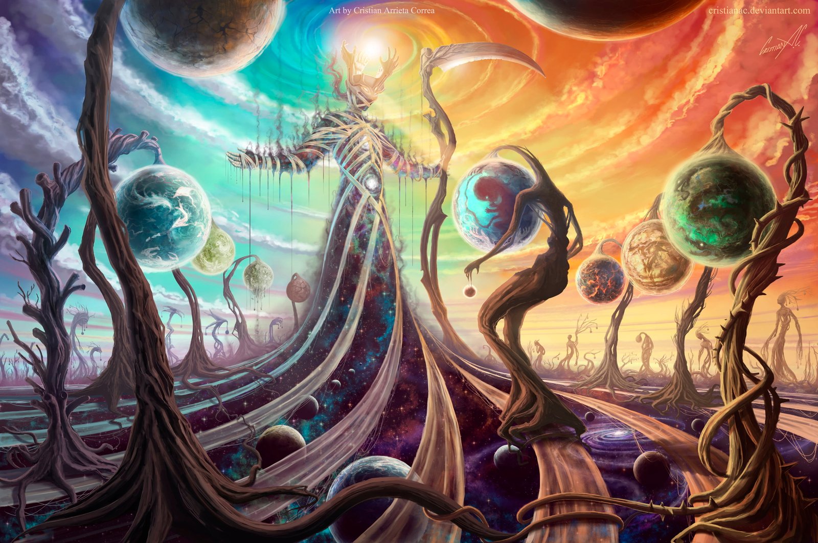 psychedelic gods abstract scythe space planet fantasy art 2k 4k