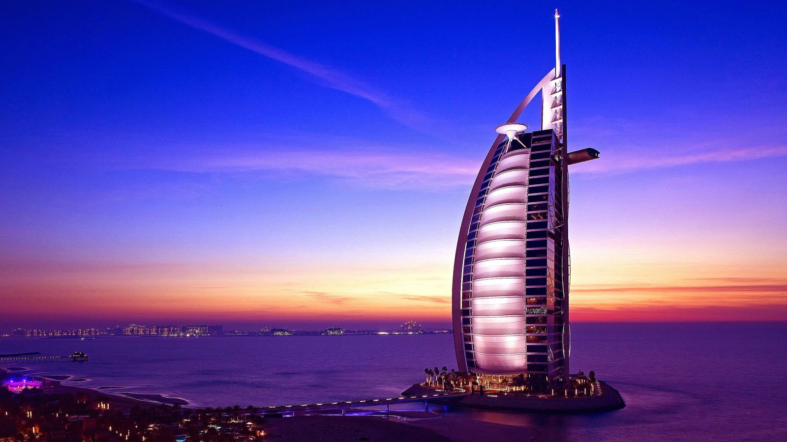 sea evening jumeirah beach sunset horizon dusk artificial island 2k 4k