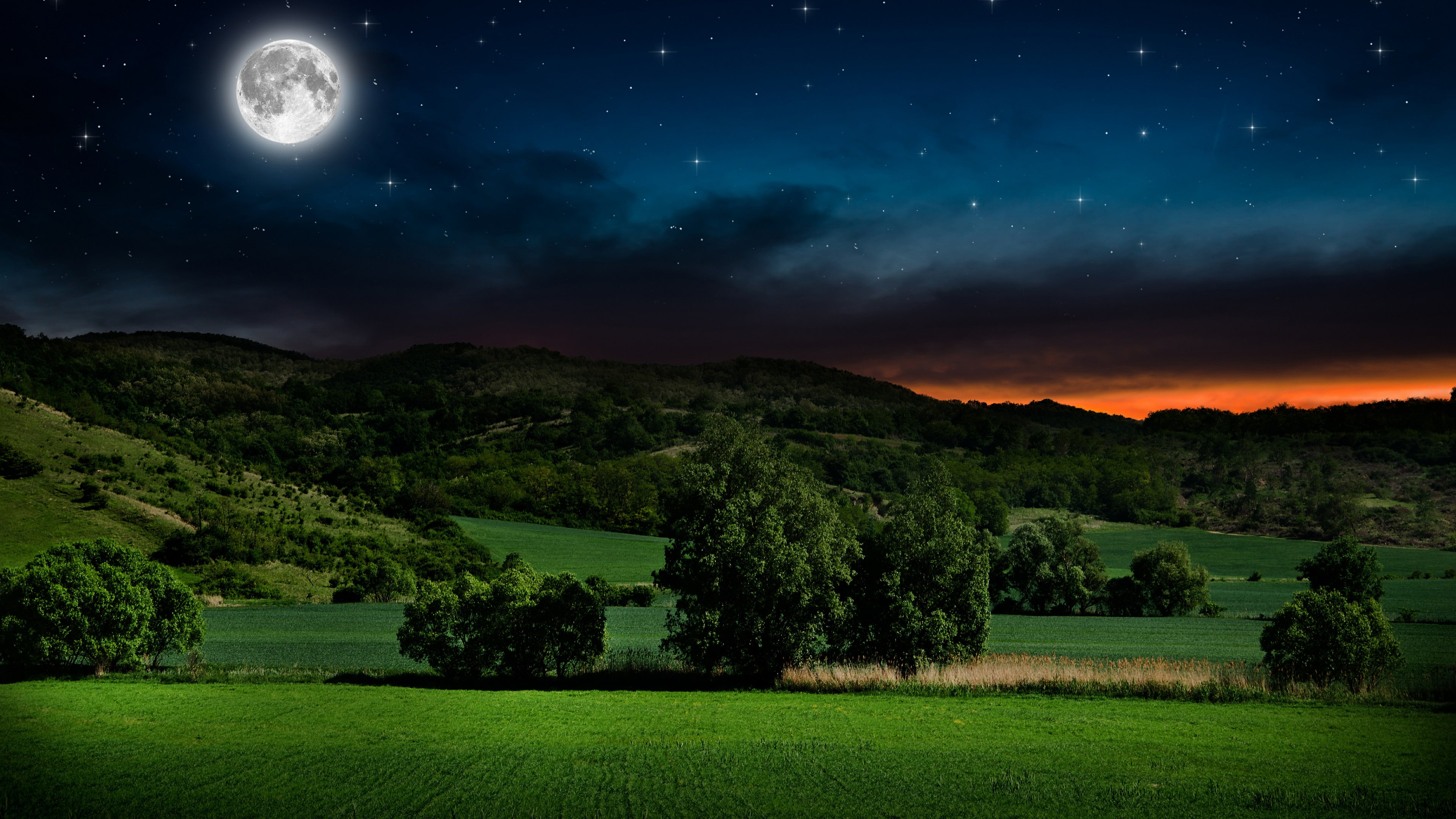 sky nature full moon grassland night meadow landscape 2k 4k