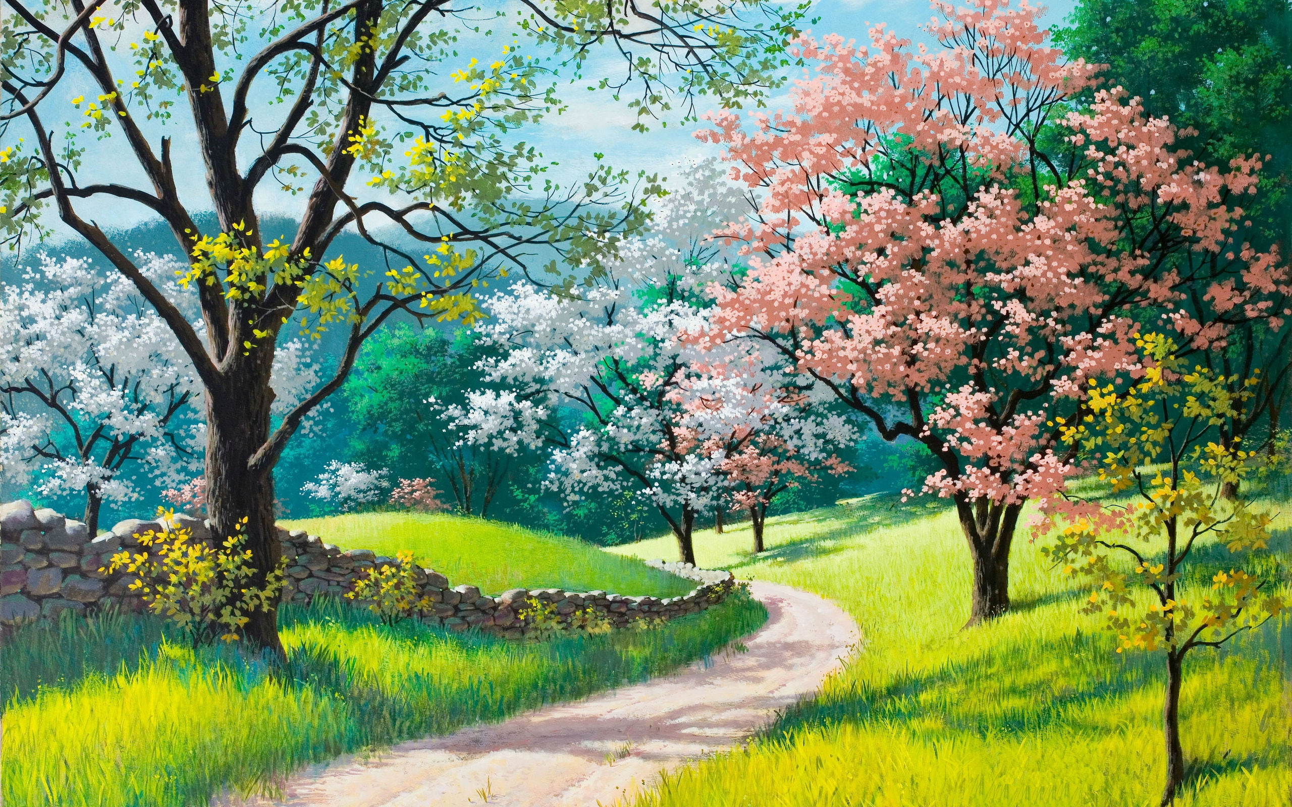 Spring Blossoms Painting pathway in between trees illustration 2k