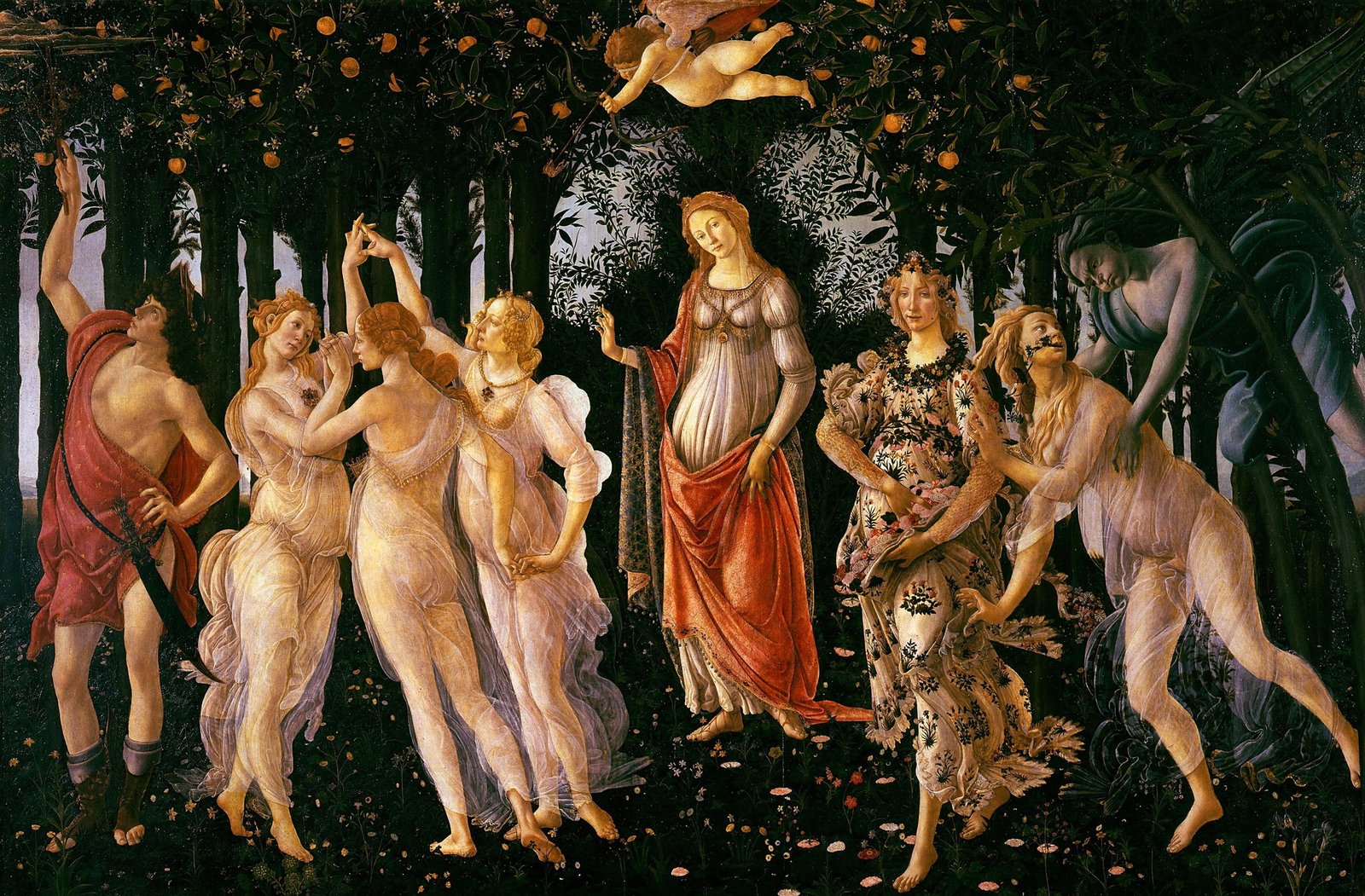 standing man and women painting picture Spring mythology Sandro Botticelli 2k