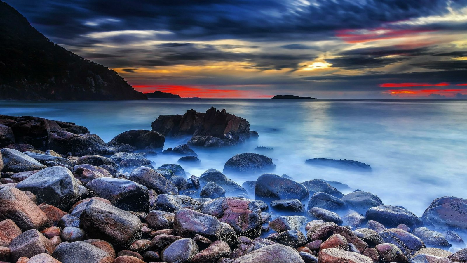 stones nature shore sea water sky coast rock twilight 2k 4k