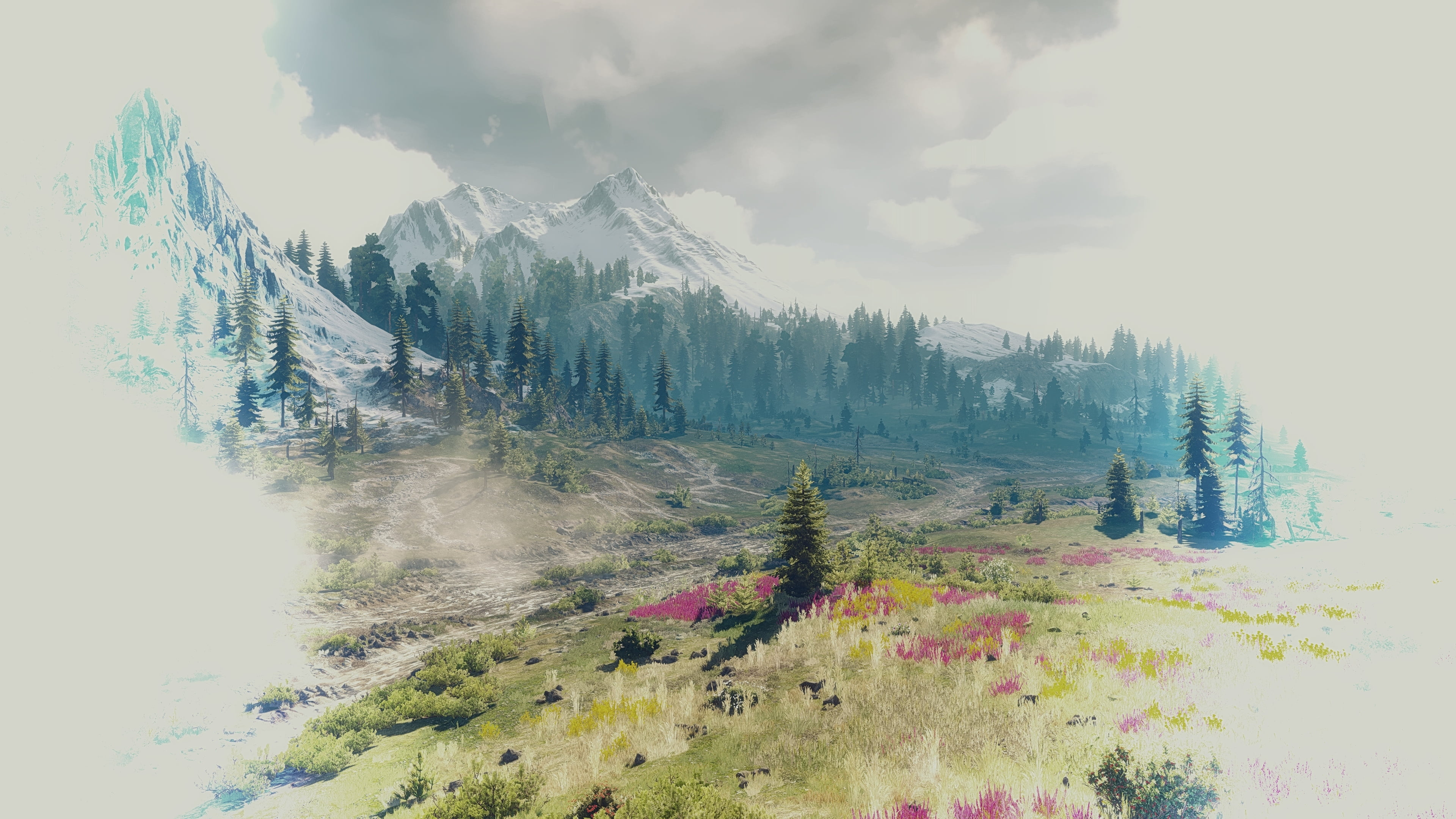 The Witcher 3 Wild Hunt painting mountains trees snow 2k 4k