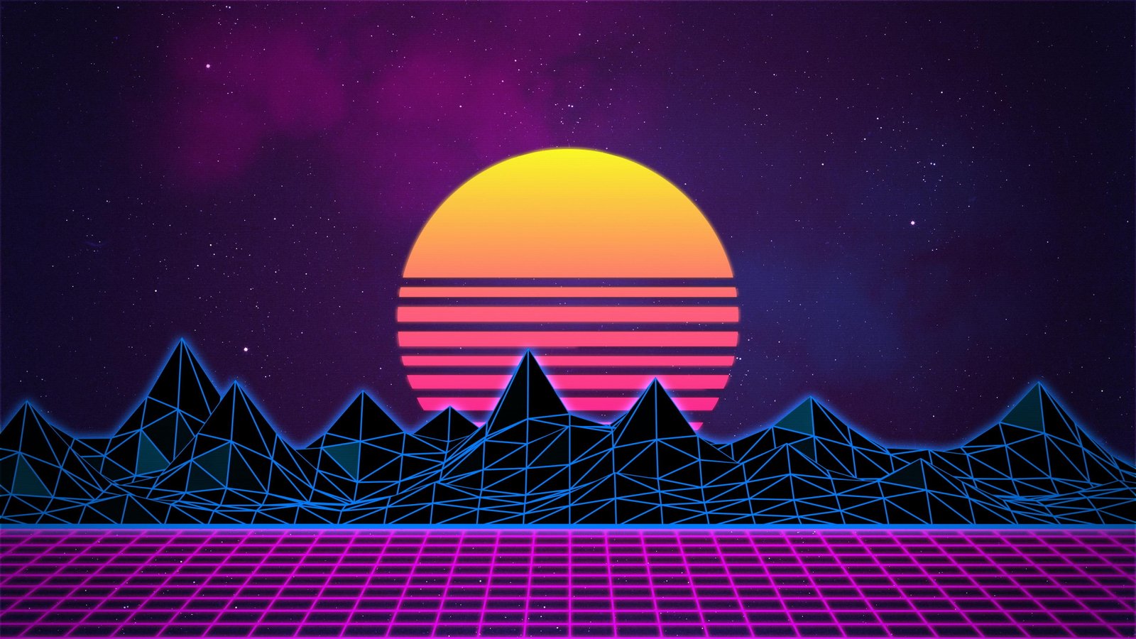 vaporwave Sun mountains night sky space nature travel destinations 2k 4k