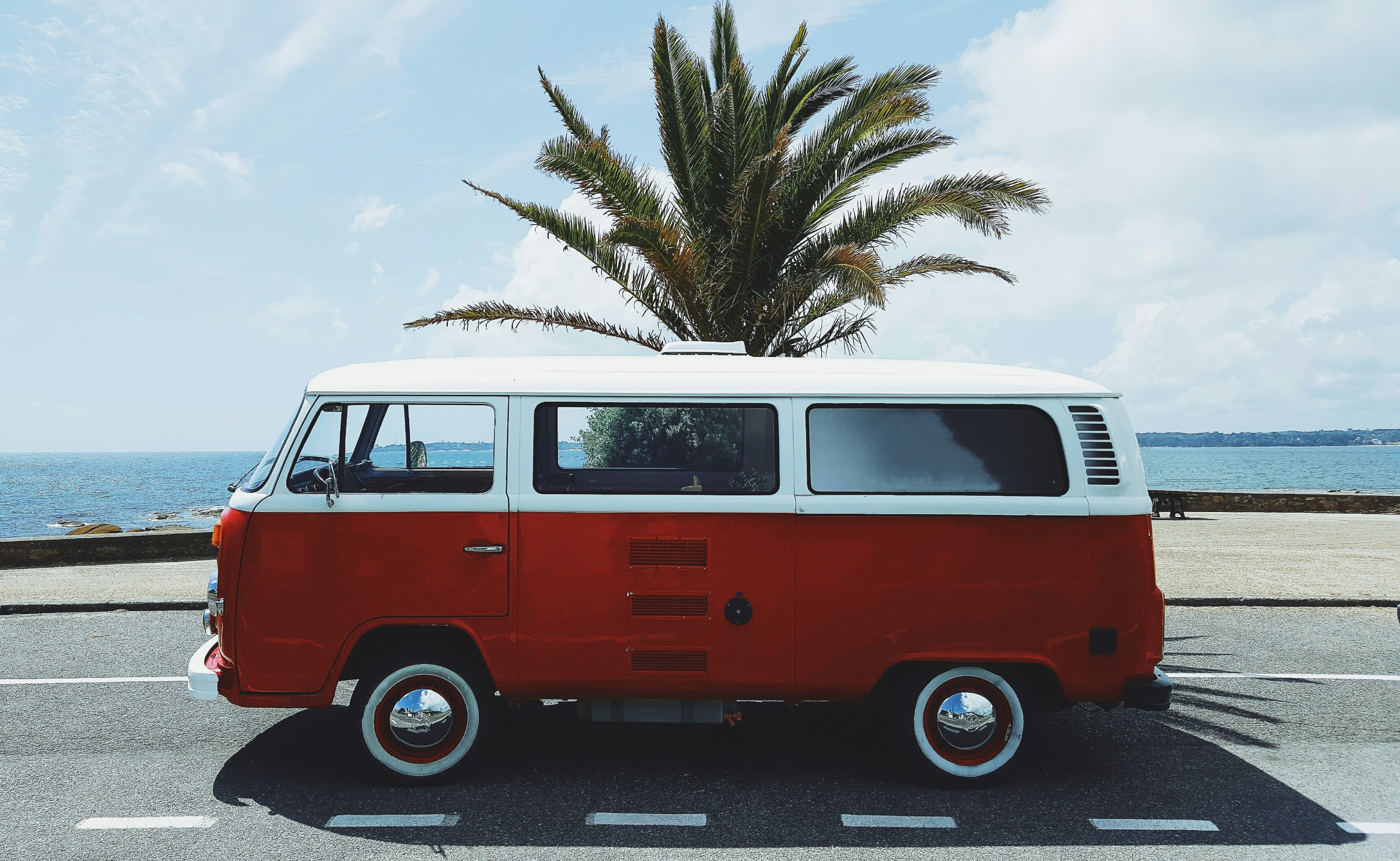 vw bus red France beach Concarneau white palm trees 2k