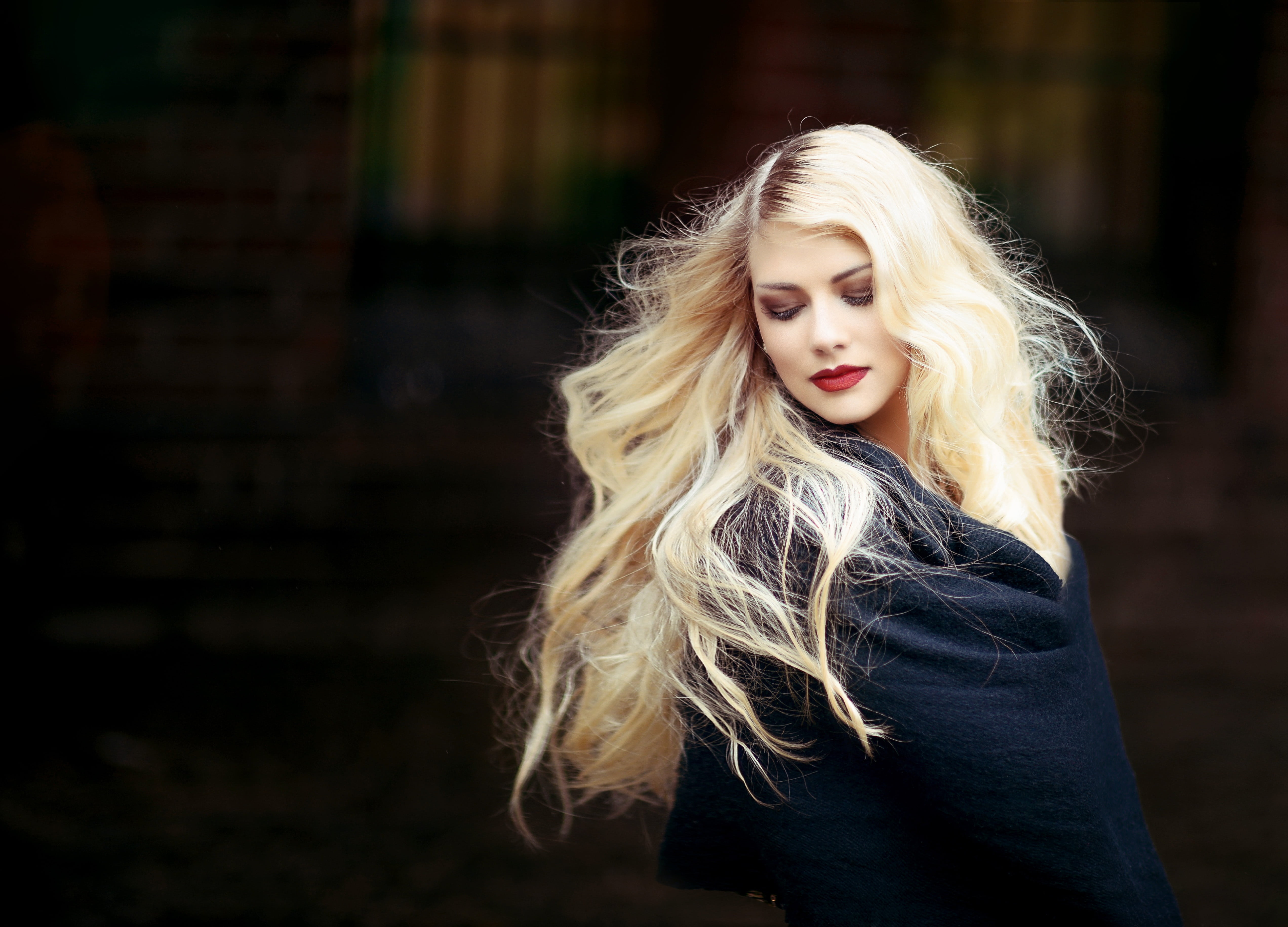 woman in black coat portrait girl blond hair long blonde 2k 4k 5k