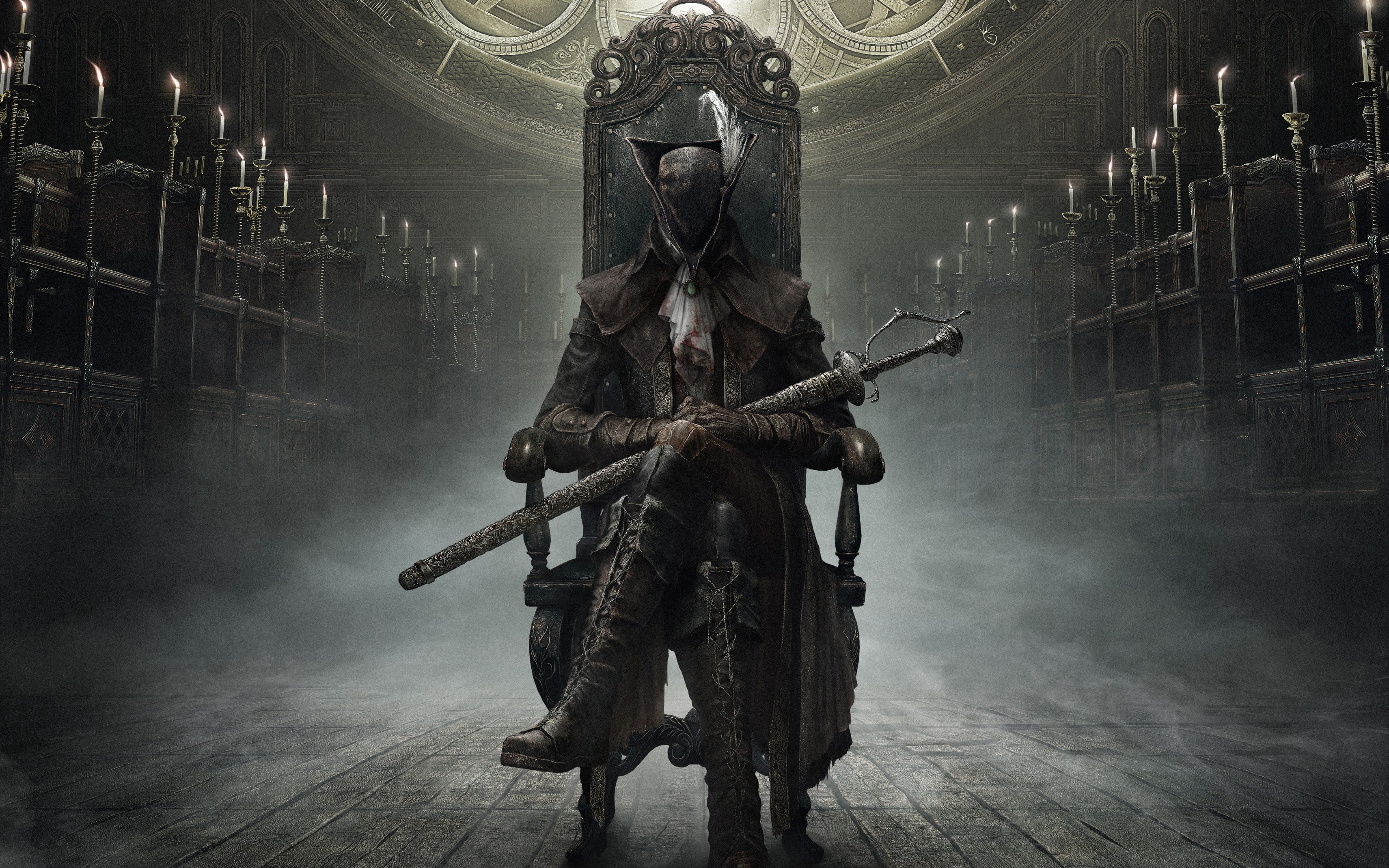 character holding sword and sitting on armchair Bloodborne video games 2k