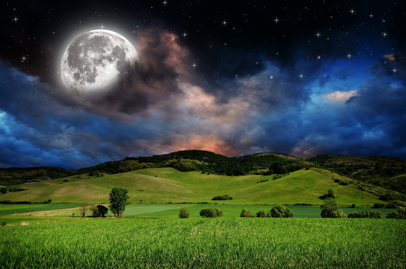 green grass field digital art nature landscape hills clouds 2k