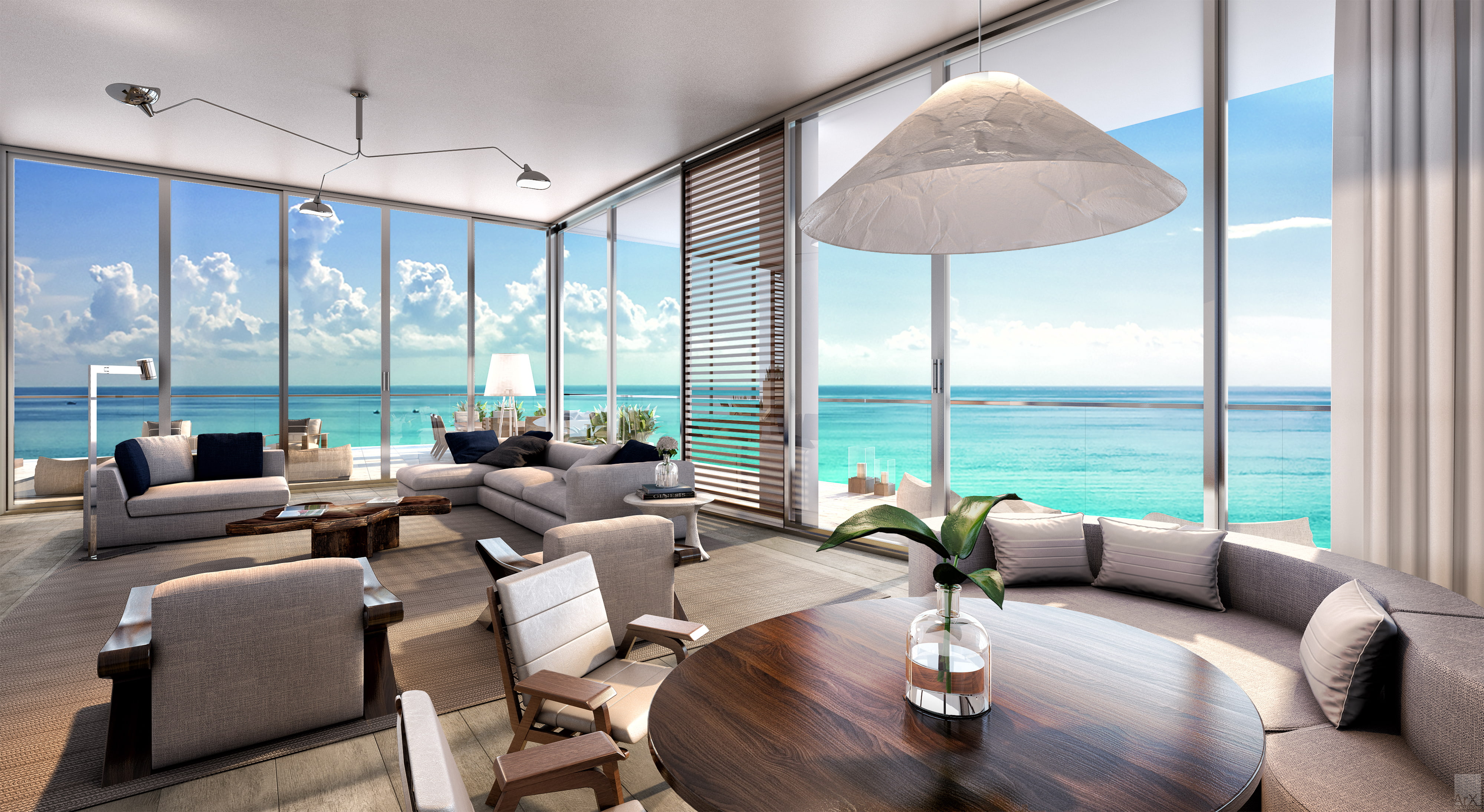 grey chaise lounge sofa round brown dining table landscape 2k 4k