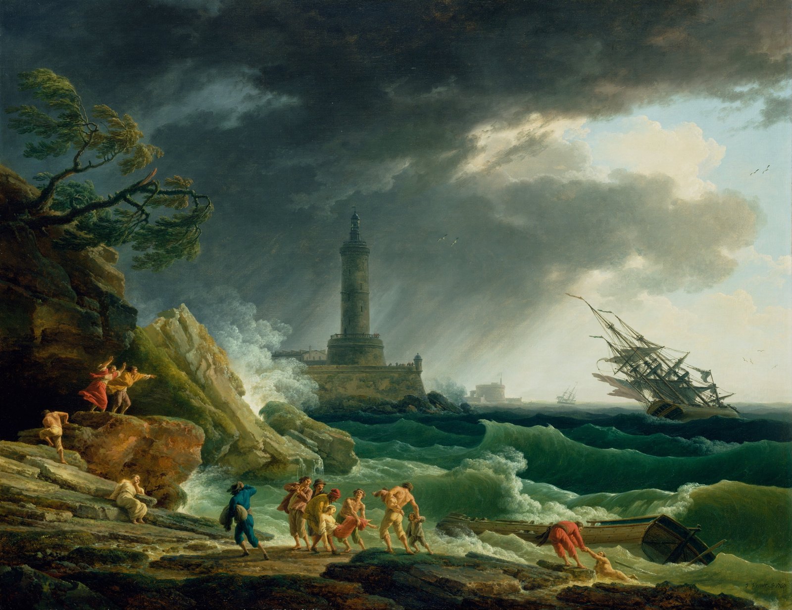 group of people beside shore illustration claude vernet painting 2k 4k