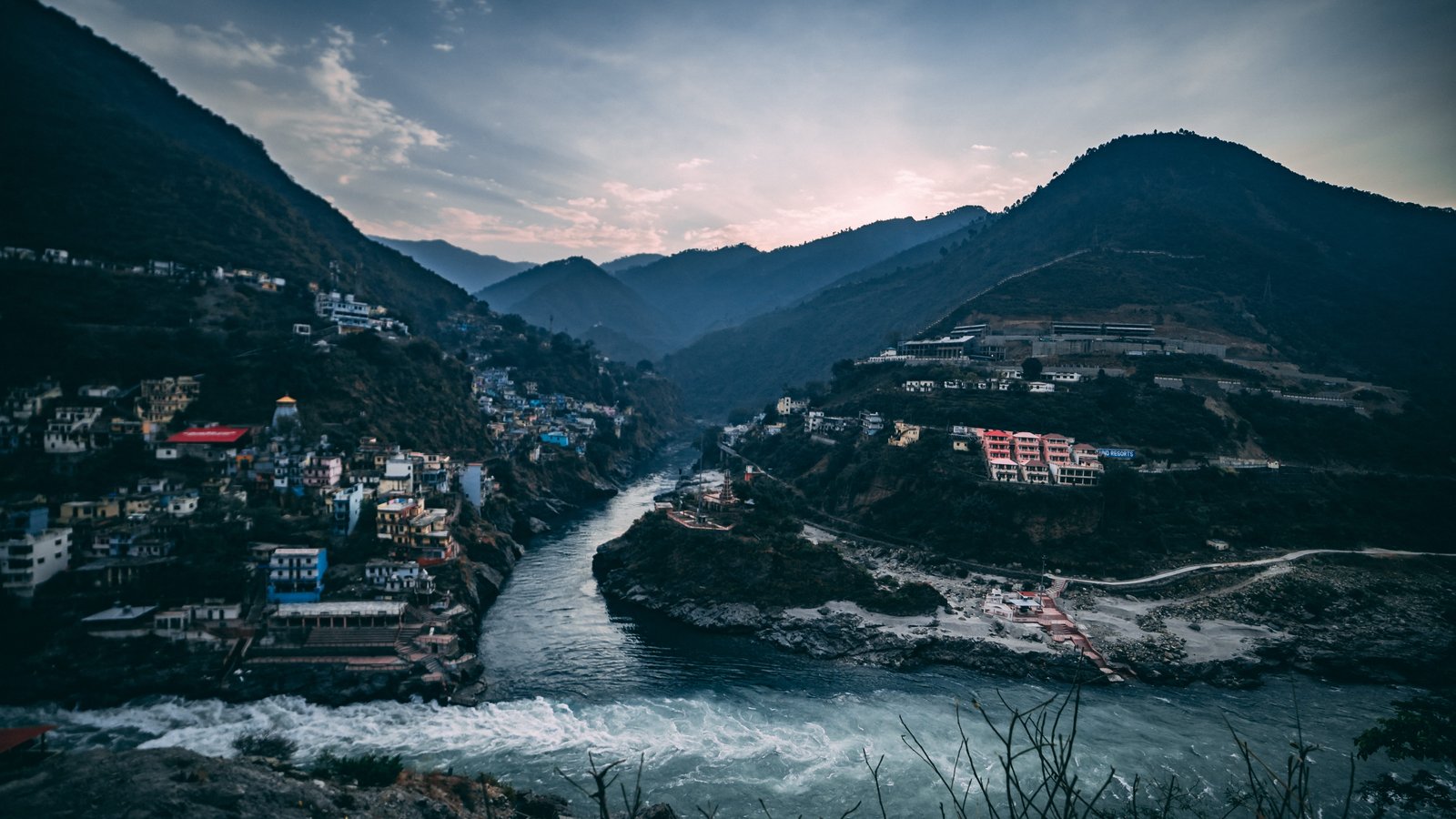 landscape photography of black and green mountains houses 2k 4k 5k