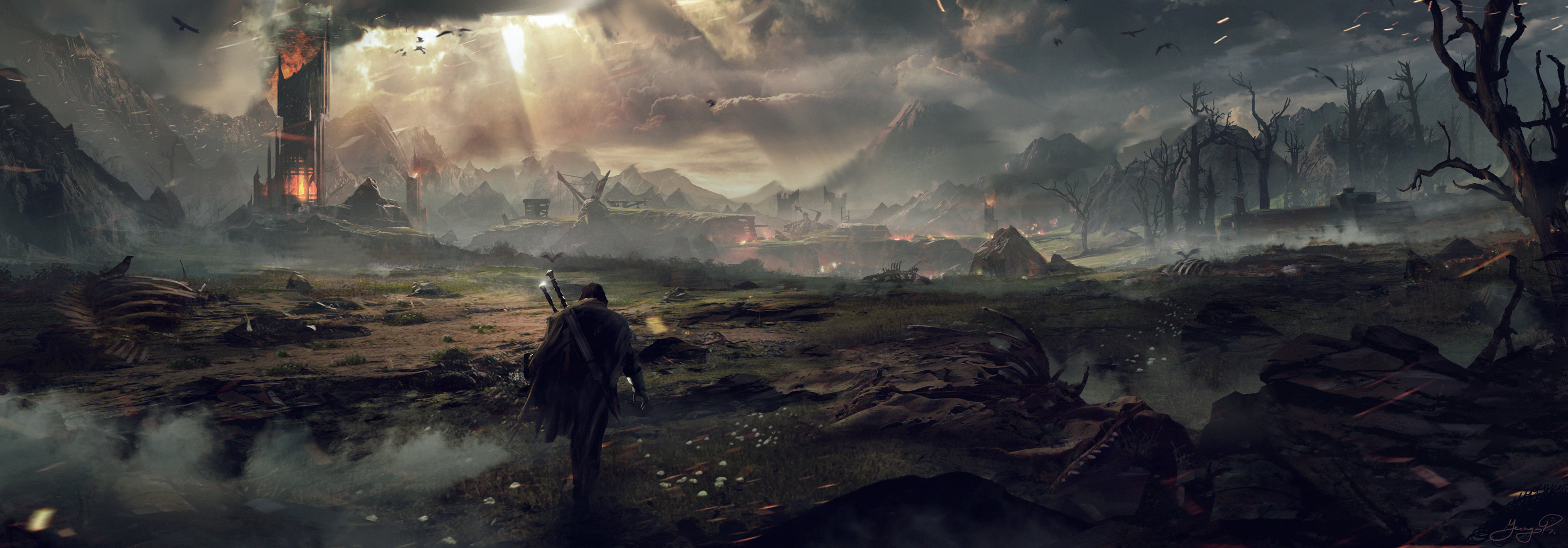 man walking towards place covered in fire digital wallpaper Middle earth Shadow of Mordor 8 2k 4k 5k