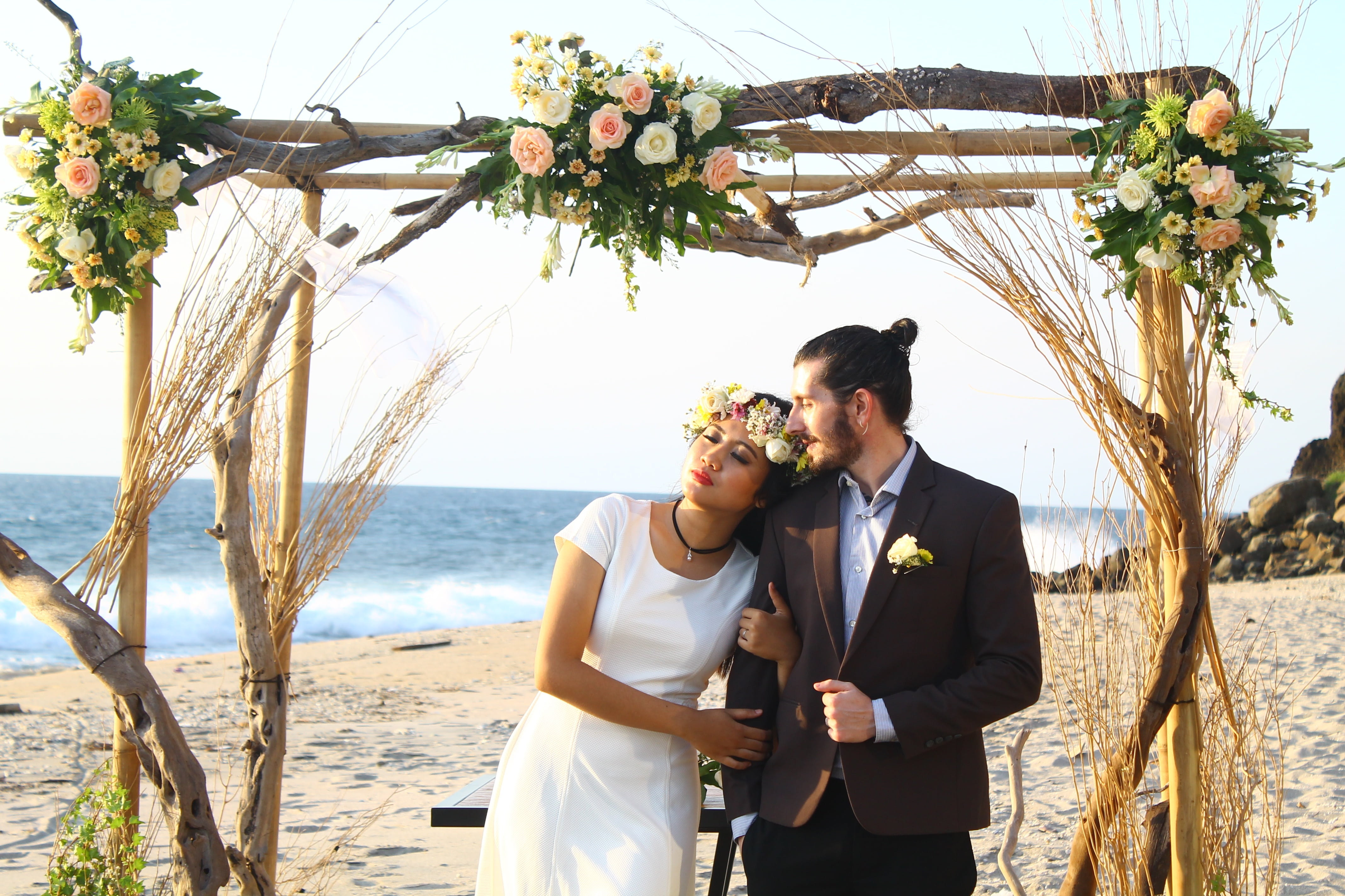 photo of bride and groom on seashore during daytime wedding 2k 4k